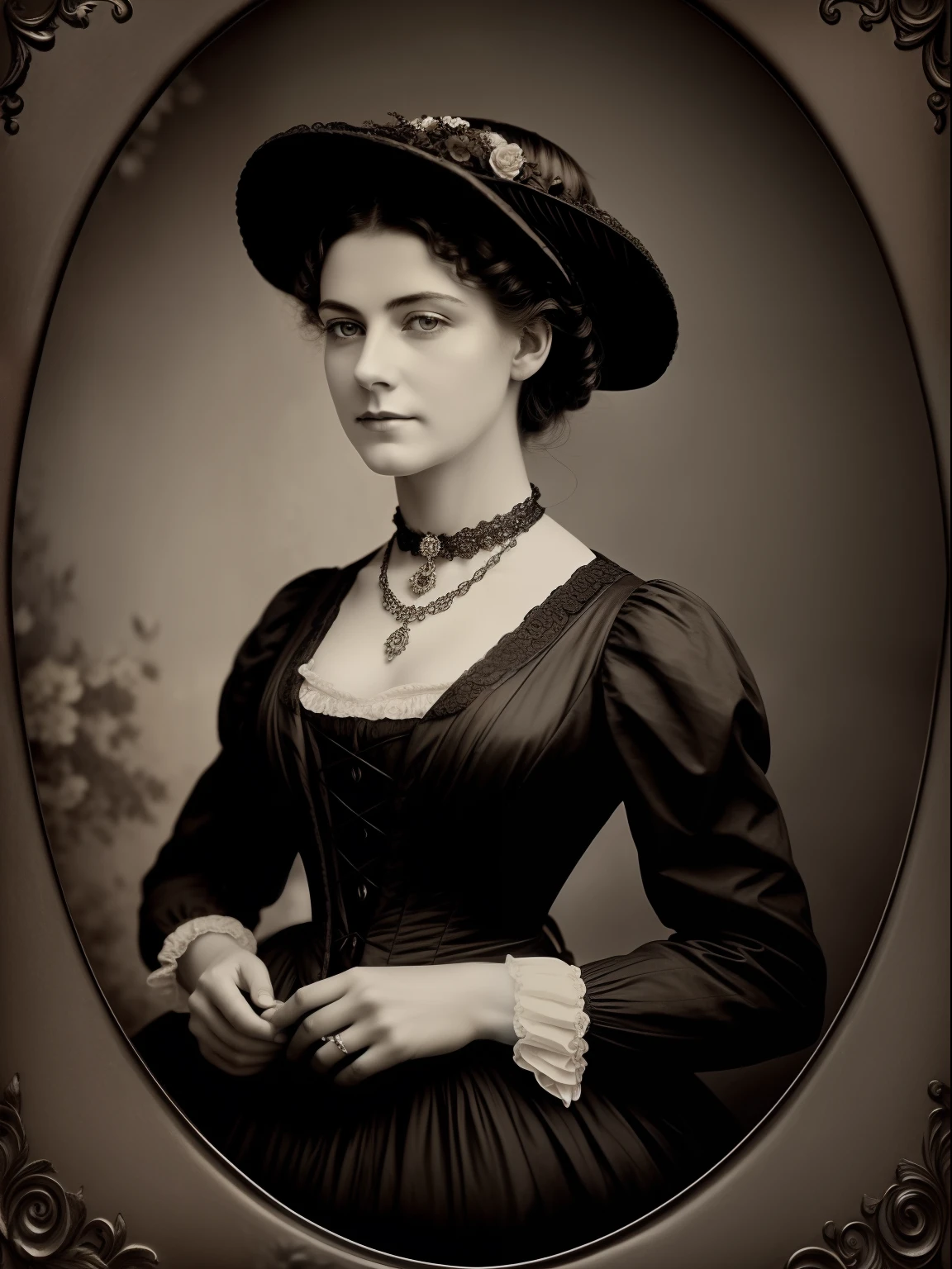 (Masterpiece) An insanely beautiful Victorian lady with rich flowering over the top hat, rich jewelry, vintage sepia photography, outdoor photography, extremely inviting look, looking at the camera, very old and torned photo