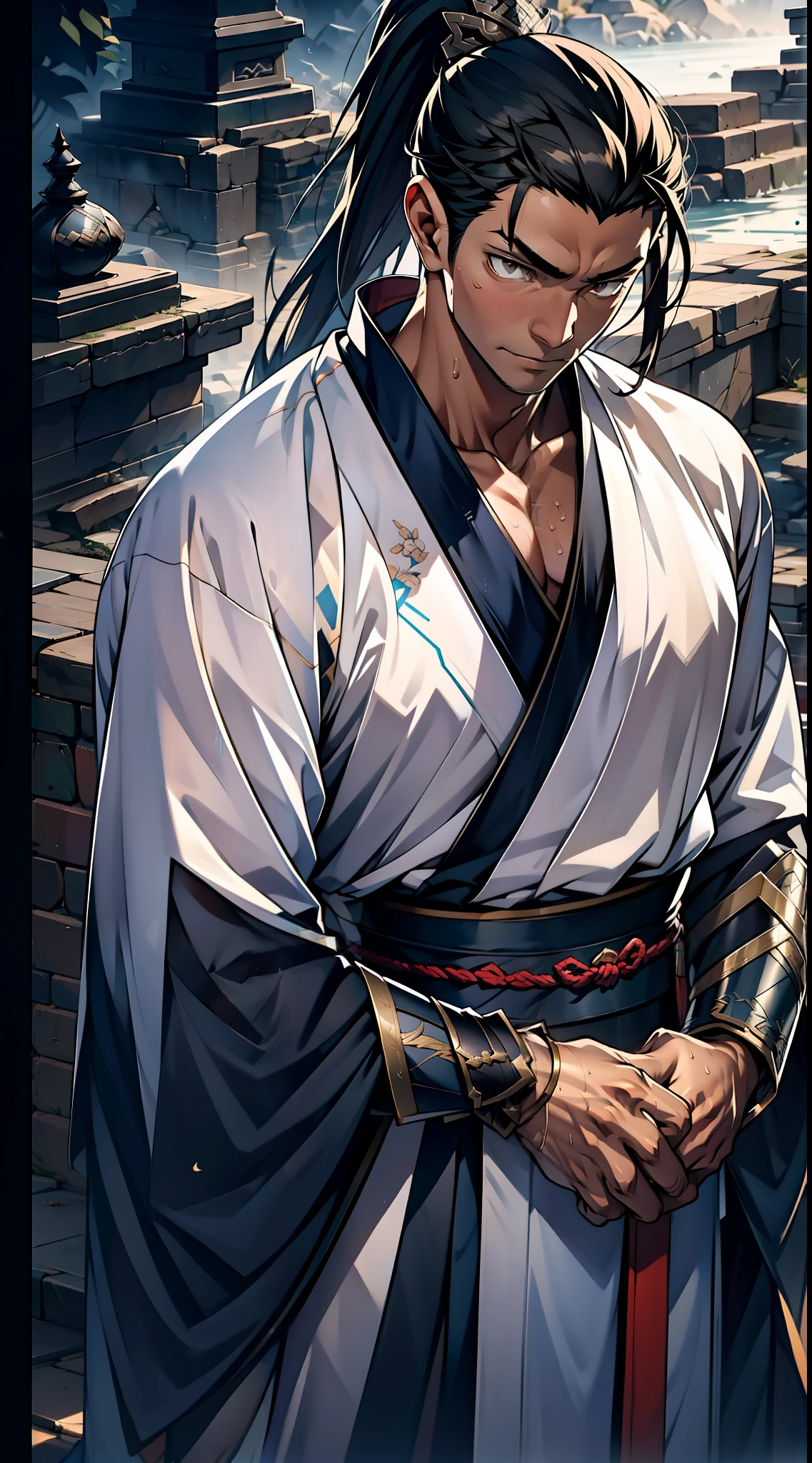 quadratic element,style of anime,mtu(Male Warrior),The proportions are correct,Face details,swordsmen,High ponytail hairstyle,Neck details,There is an Adam's apple,Black Hanfu,kaftan,Embroidered robes,Black robe,clothes details,Handing over,longer sleeves,Game quality,Swordsmanship,Light and shadow tracking,Ray traching,detailed glow,cg render,hair detail,cabelos preto e longos,Black eyes,Handsome,Handsome,(juvenile sense),Clothing is complicated,Perfectcomposition,Refinement,high qulity,higher details,Lots of details,The background is complex,a sense of atmosphere,