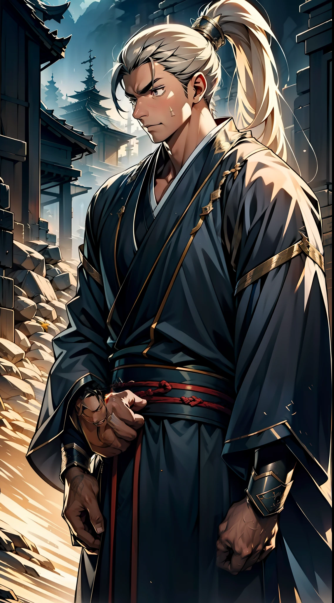 quadratic element,style of anime,mtu(Male Warrior),The proportions are correct,Face details,swordsmen,High ponytail hairstyle,Neck details,There is an Adam's apple,Black Hanfu,kaftan,Embroidered robes,Black robe,clothes details,Handing over,longer sleeves,Game quality,Swordsmanship,Light and shadow tracking,Ray traching,detailed glow,cg render,hair detail,cabelos preto e longos,Black eyes,Handsome,Handsome,(juvenile sense),Clothing is complicated,Perfectcomposition,Refinement,high qulity,higher details,Lots of details,The background is complex,a sense of atmosphere,