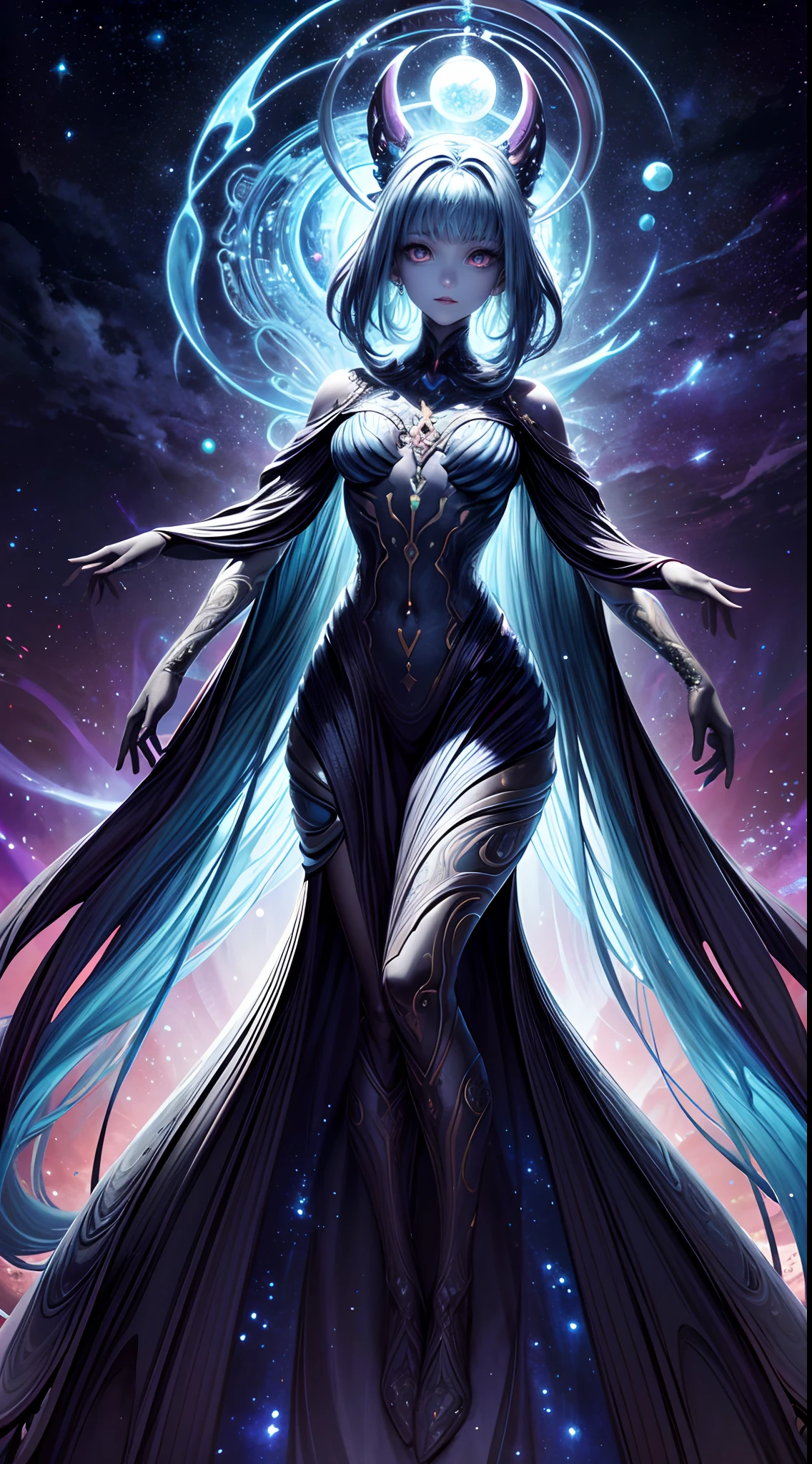 "cosmic entity": um ser com quatro olhos brilhantes, multiple arms, A breathtaking view from space reveals a twisted galaxy filled with strange life forms and entities that humans understand. Planet with night sky, fenda, leviathan, 8k, lindo, dramatic scene, buraco negro, void, woman, female