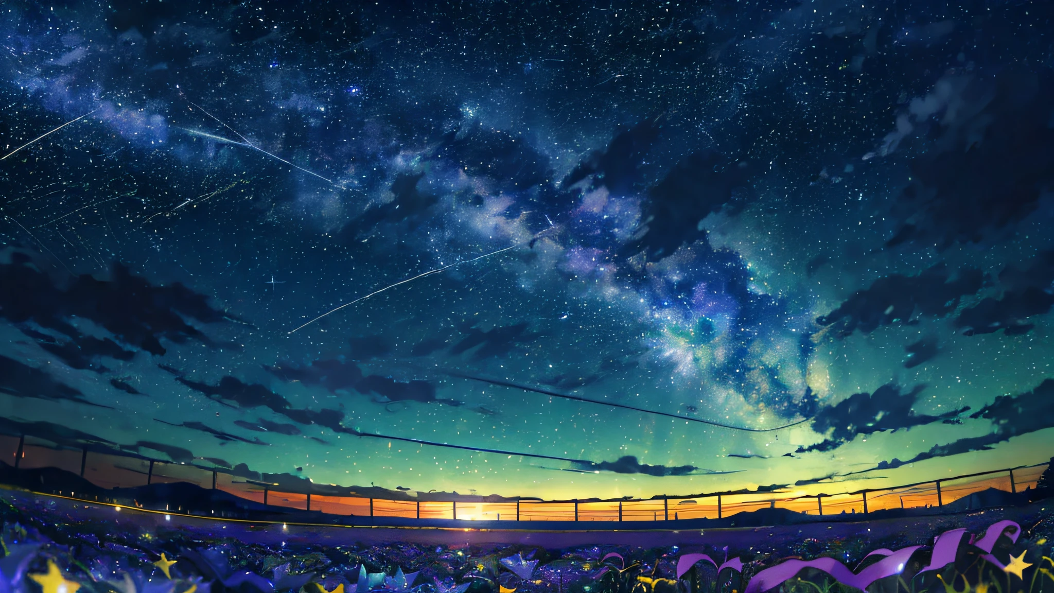 (zoomed out:1.1), (meteor shower:1.2), (comet:1.1), low angle, aroura borealis, shooting star, best quality, masterpiece, cloud, colorful, starry, stars, night, flower field, flower blossom, night sky, beautiful flowers, night theme,