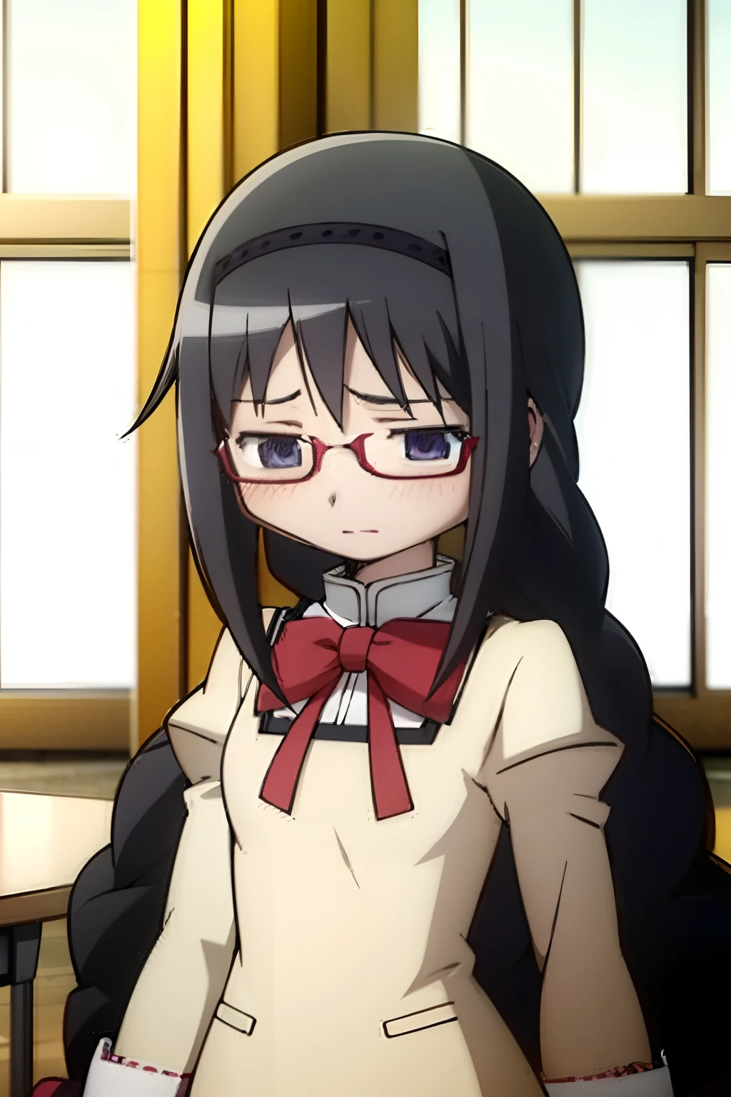 1girl, anime girl, best quality, wallpaper, school, blush, seductive, homura akemi, homuraakemi,