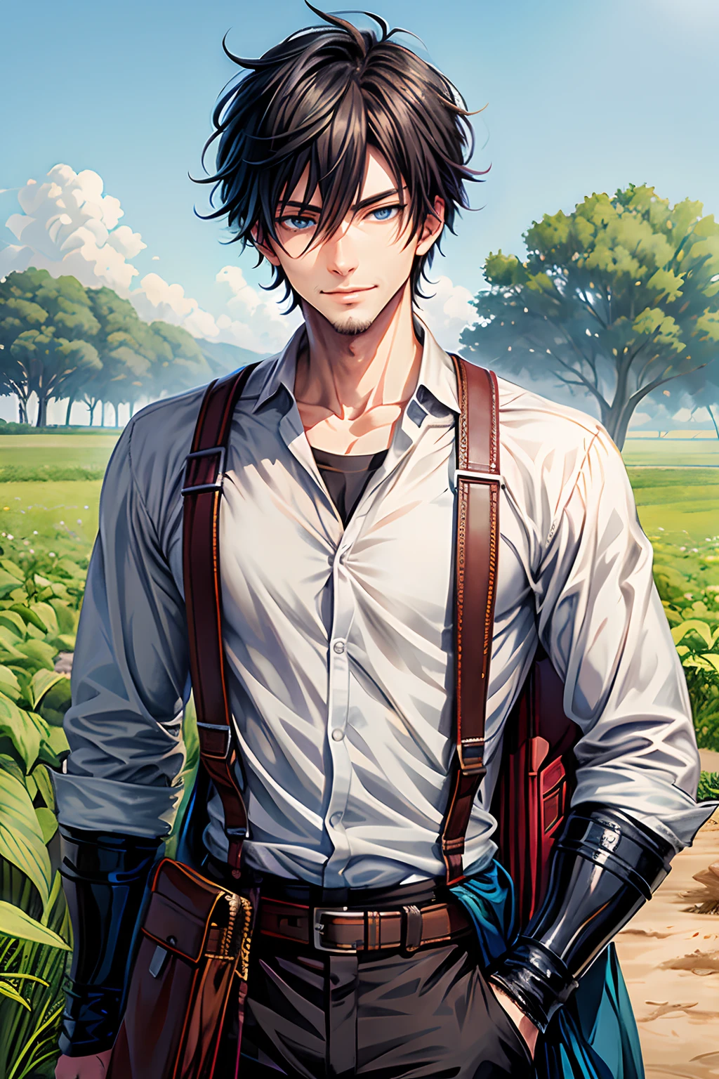 anime boy with a bag in his hand standing in a field, anime handsome man, anime portrait of a handsome man, tall anime guy with blue eyes, handsome guy in demon slayer art, young anime man, artwork in the style of guweiz, anime boy, detailed anime character art, highly detailed exquisite fanart, makoto shinkai and artgerm, solo, 1boy, Farmer, Farm background, smile, chin beard