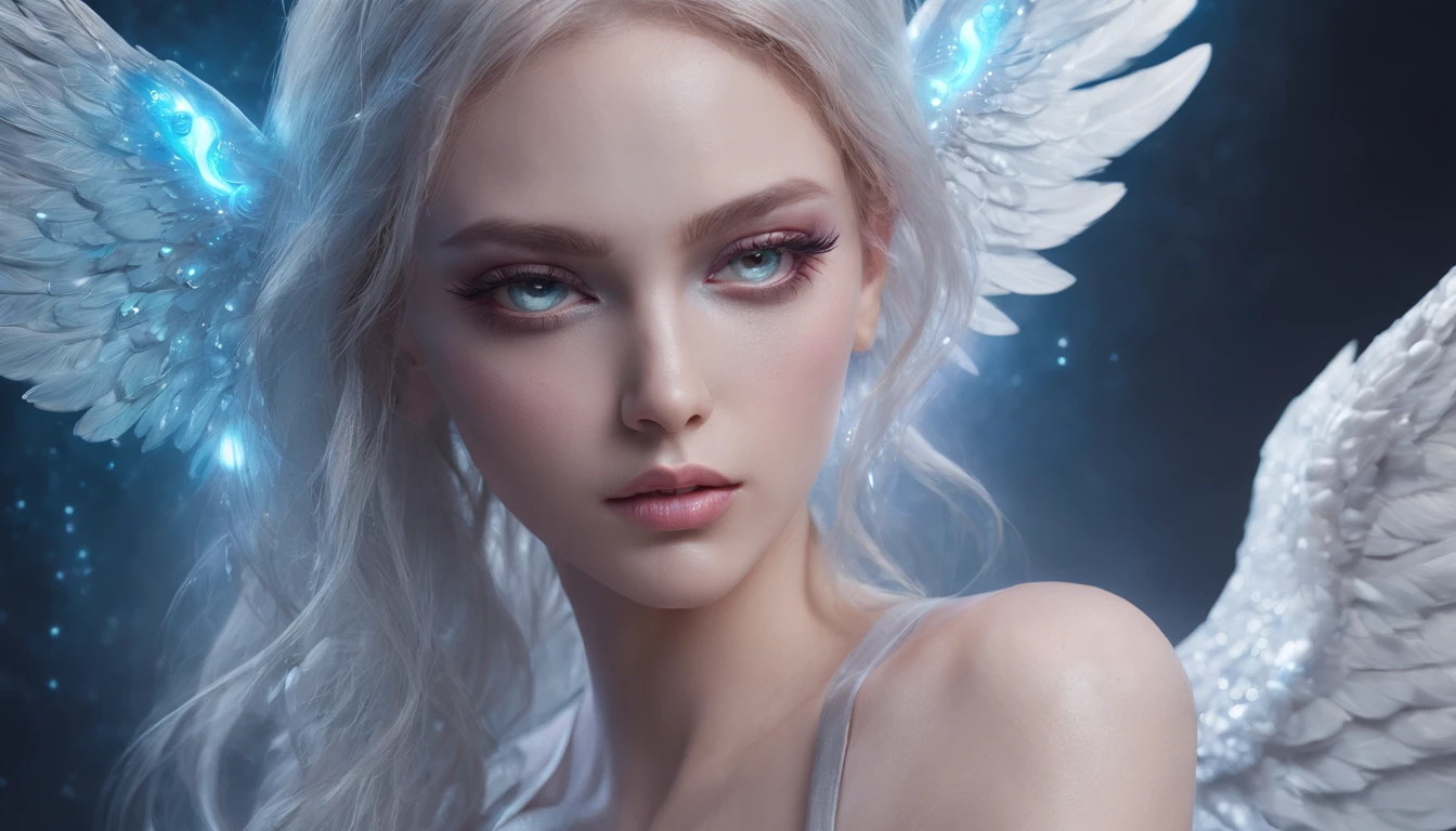 Cosmic Fallen Angel, glowing light eyes, Delicate and beautiful face,Bigchest,Biomechanical, eerie, Dream-like, Very bright colors, Light particles, with light glowing, Mshiv, wallpaper art, UHD wallpaper