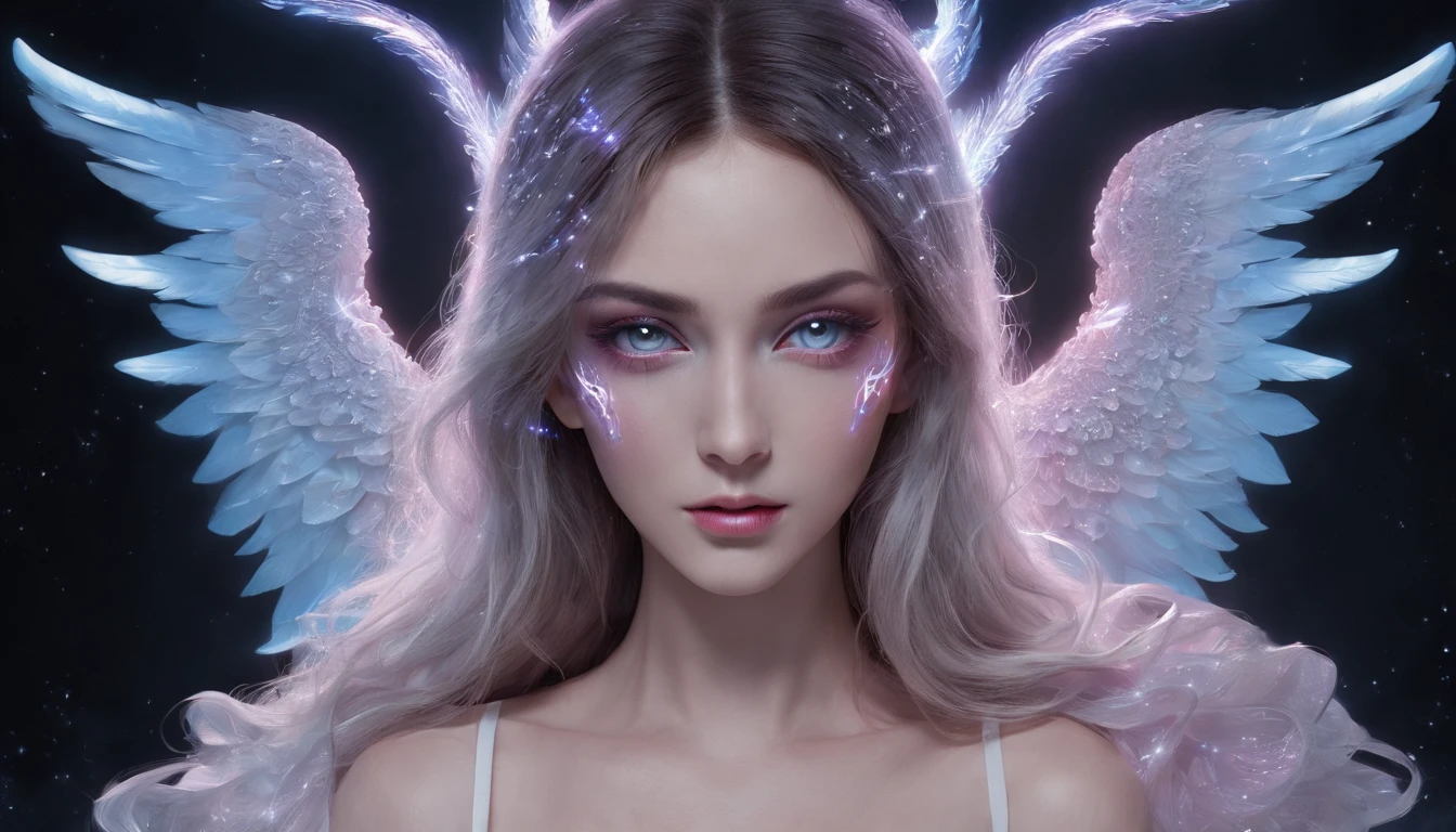 Cosmic Fallen Angel, glowing light eyes, Delicate and beautiful face，Bigchest，Biomechanical, eerie, Dream-like, Very bright colors, Light particles, with light glowing, Mshiv, wallpaper art, UHD wallpaper