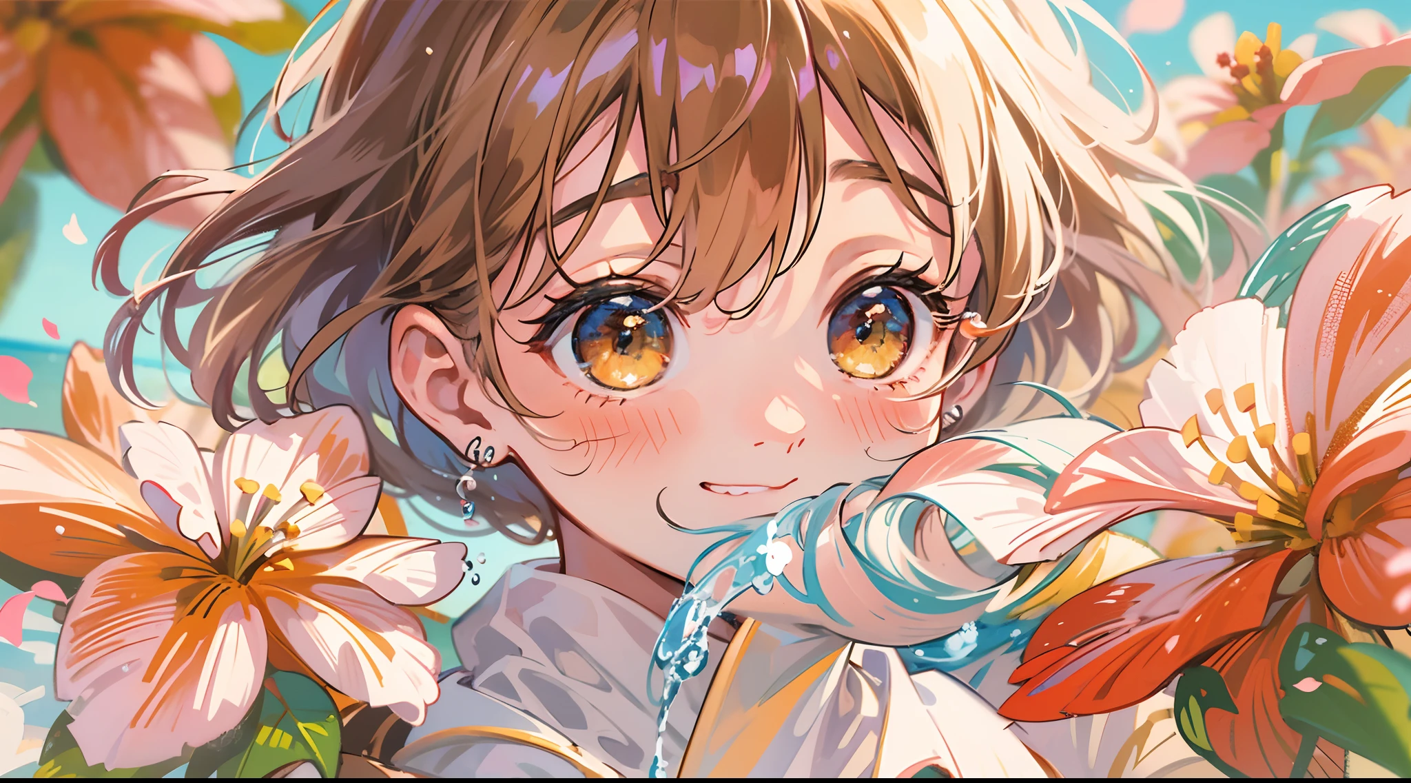 photoRealstic、Stand in front of the photo、laugh face、Water droplets on the cheeks、kawaii pose、spreading arms widely、Flowing Red Silk、bustup、Hibiscus petals、Blurring、brown haired、blue-sky、depth of fields、season!!: 夏☀ 🍂 ハイビスカス