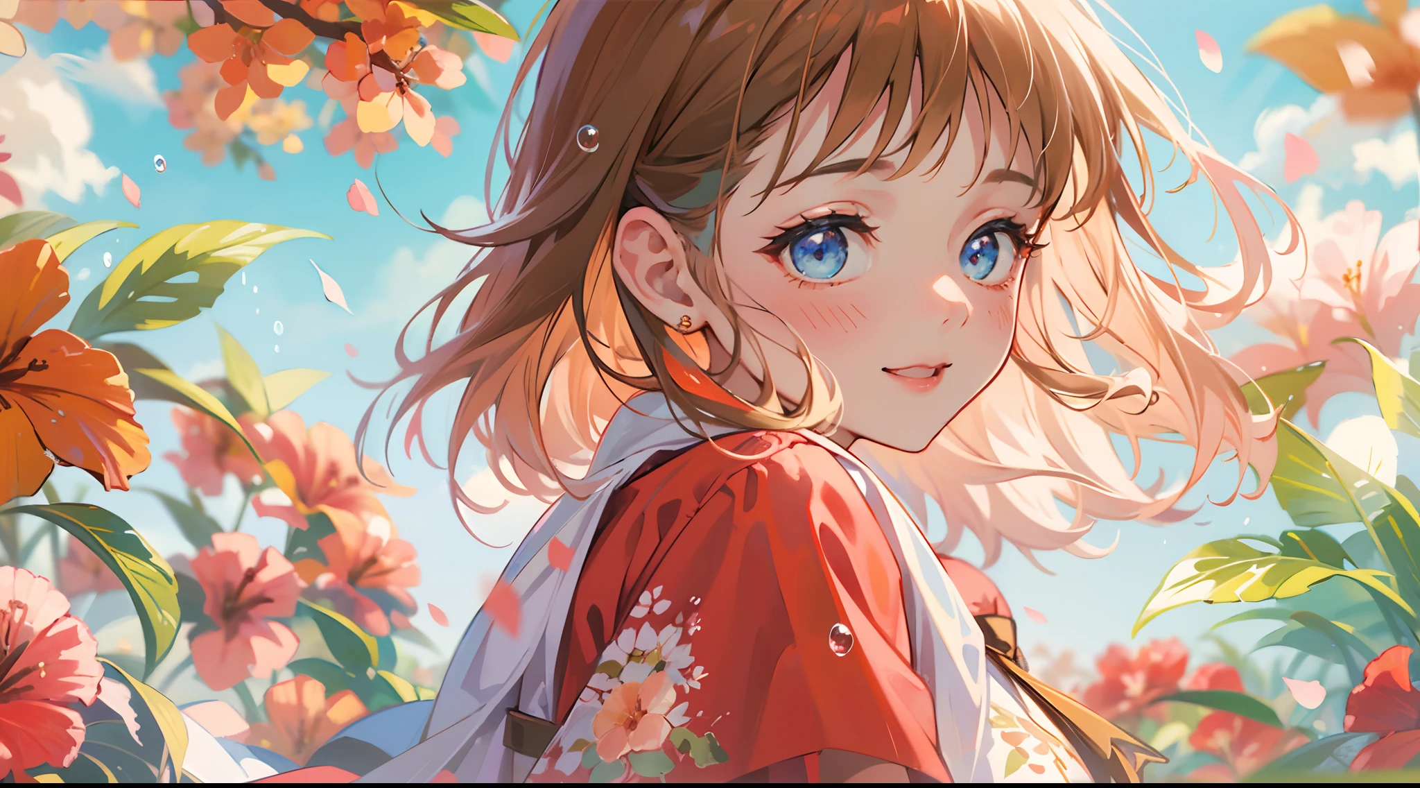 photoRealstic、Stand in front of the photo、laugh face、Water droplets on the cheeks、kawaii pose、spreading arms widely、Flowing Red Silk、bustup、Hibiscus petals、Blurring、brown haired、blue-sky、depth of fields、season!!: 夏☀ 🍂 ハイビスカス