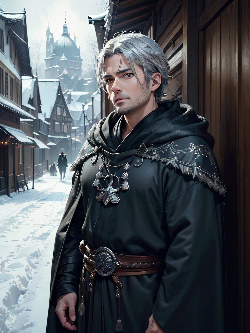 (((masterpiece、top-quality、ultra-detailliert、ighly detailed)))、Unique lighting effects、cowboy shot、face lights、(((Portrait of a 30-year-old young man)))、male people、Elegant person、Strong physique、Sorcerer、Black magician's robe with delicate and intricate pattern(Hooded)Wearing、(Wearing a black hood)、Dirty gray hair、(short jaw)、Big blue eyes、Detailed face and eyes、Sharp eyes、Focus on the face、Detailed hand depiction、Sarcastic laughter、the whole body is wet、Detailed hand depiction、Dimly lit winter morning、Oyuki、Snow-covered roads、Medieval city gate behind、Fantasyart、dark fantasy vibe、watching at viewers