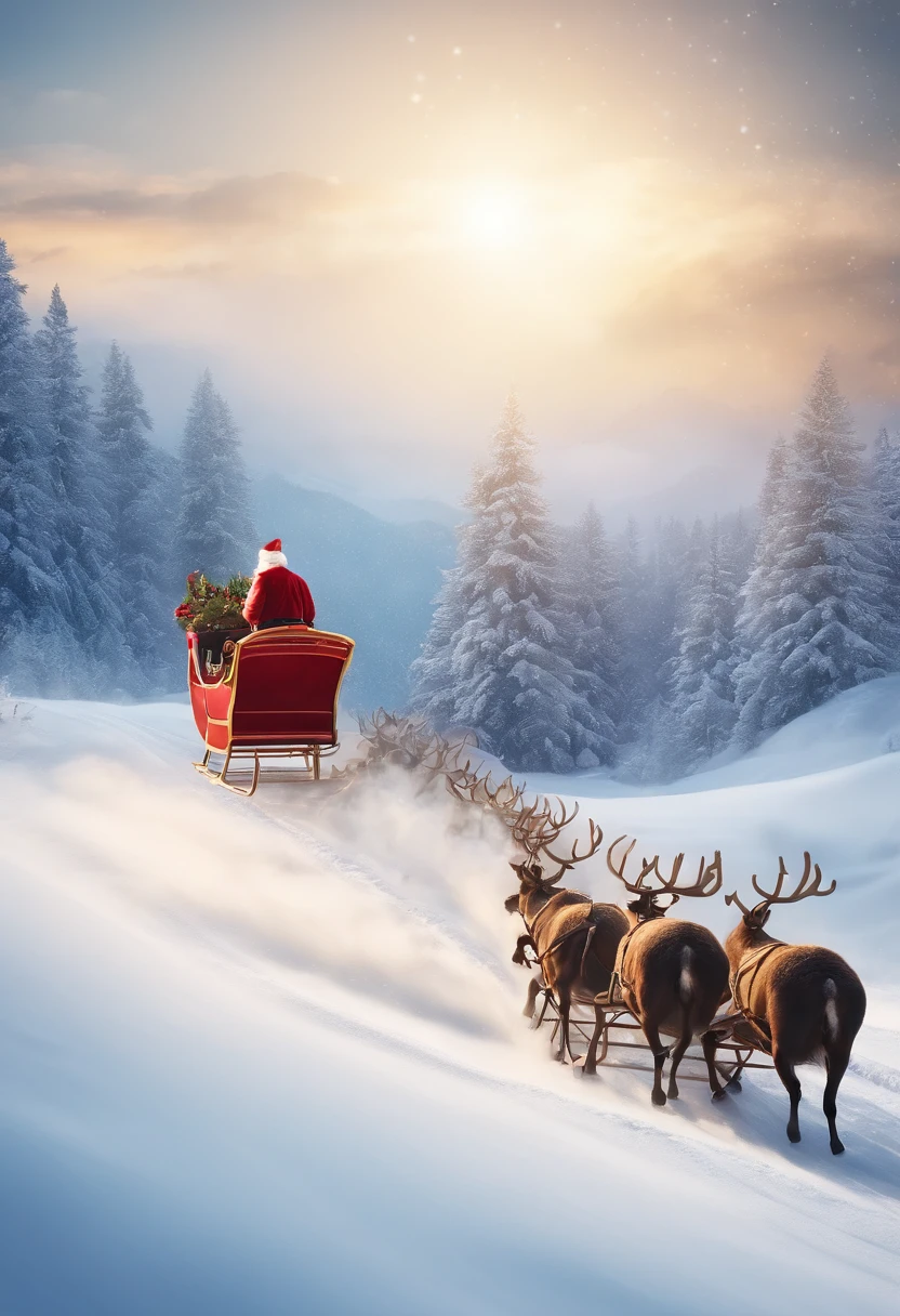 best quality, 4k, highres, ultra-detailed, realistic:1.37, vivid colors, studio lighting, bokeh, Santa Sleigh, flying silhouette Santa Sleight, Santa Claus riding in a sleigh with reindeer, isolated on white background, vector illustration