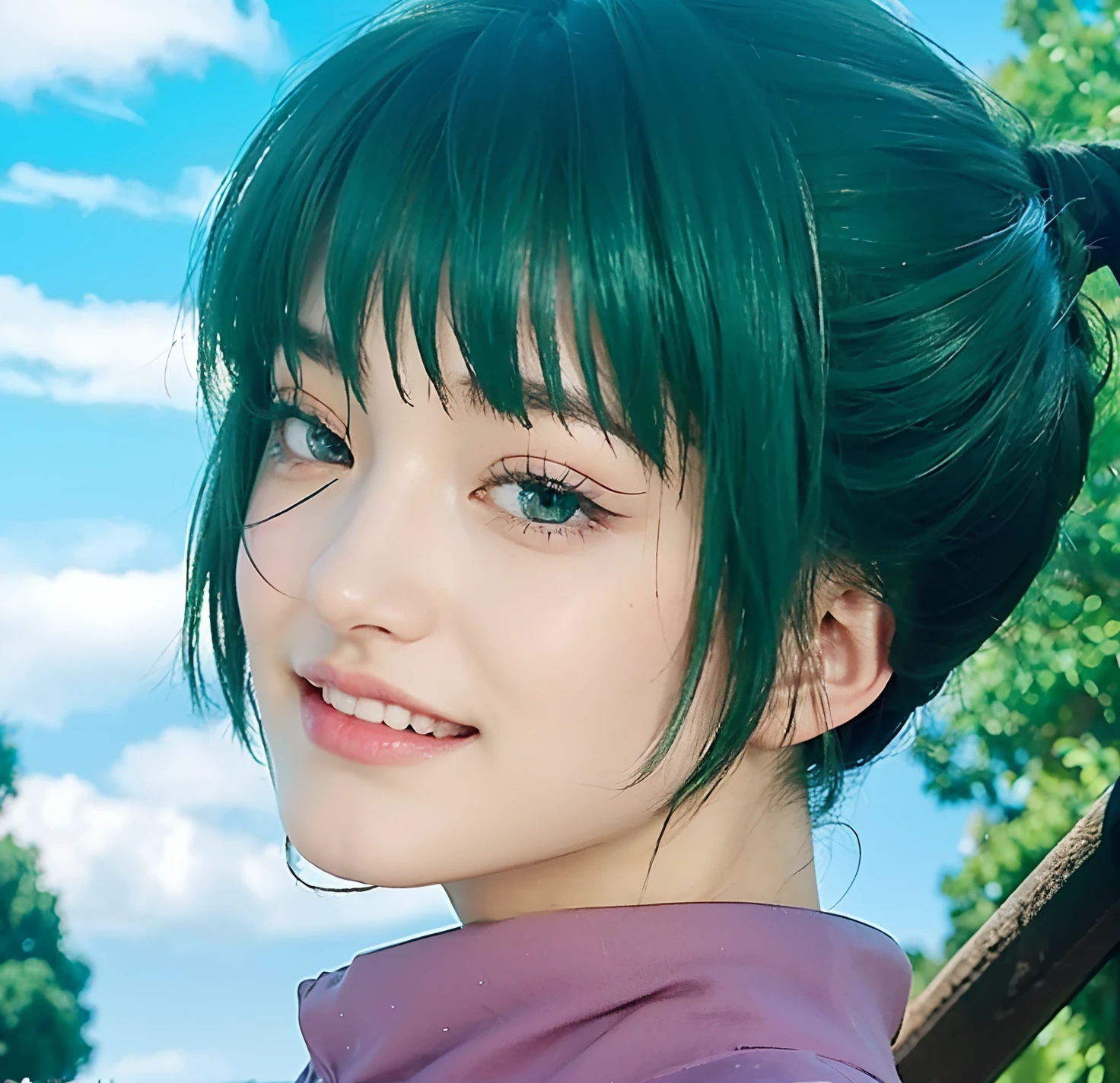 real life adaption of this character, teen beautiful face, laughing expression,realistic outfit,detailed pink eyes,realistic green hair,realistic background,hyper realistic,realism,realistic light, realistic shadow,(photorealistic:1.2)