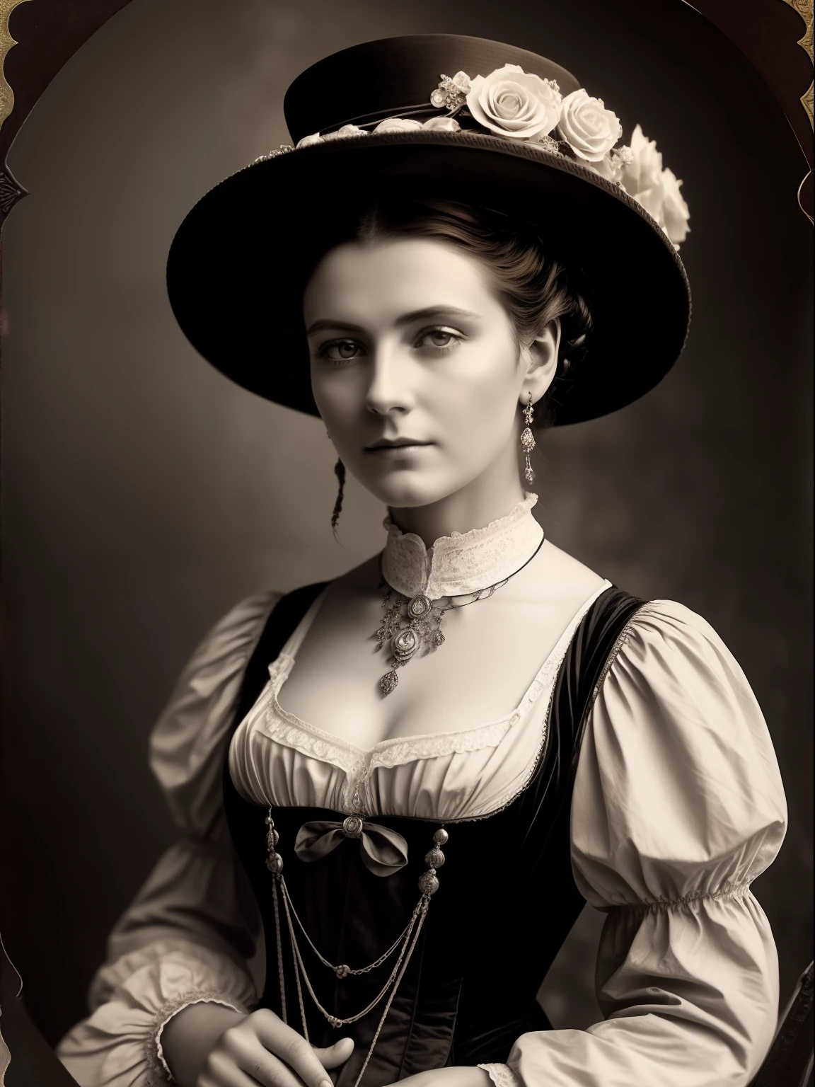 (Masterpiece) An insanely beautiful Victorian lady with rich flowering over the top hat, rich jewelry, vintage sepia photography, outdoor photography, extremely inviting look, looking at the camera, very old and torned photo