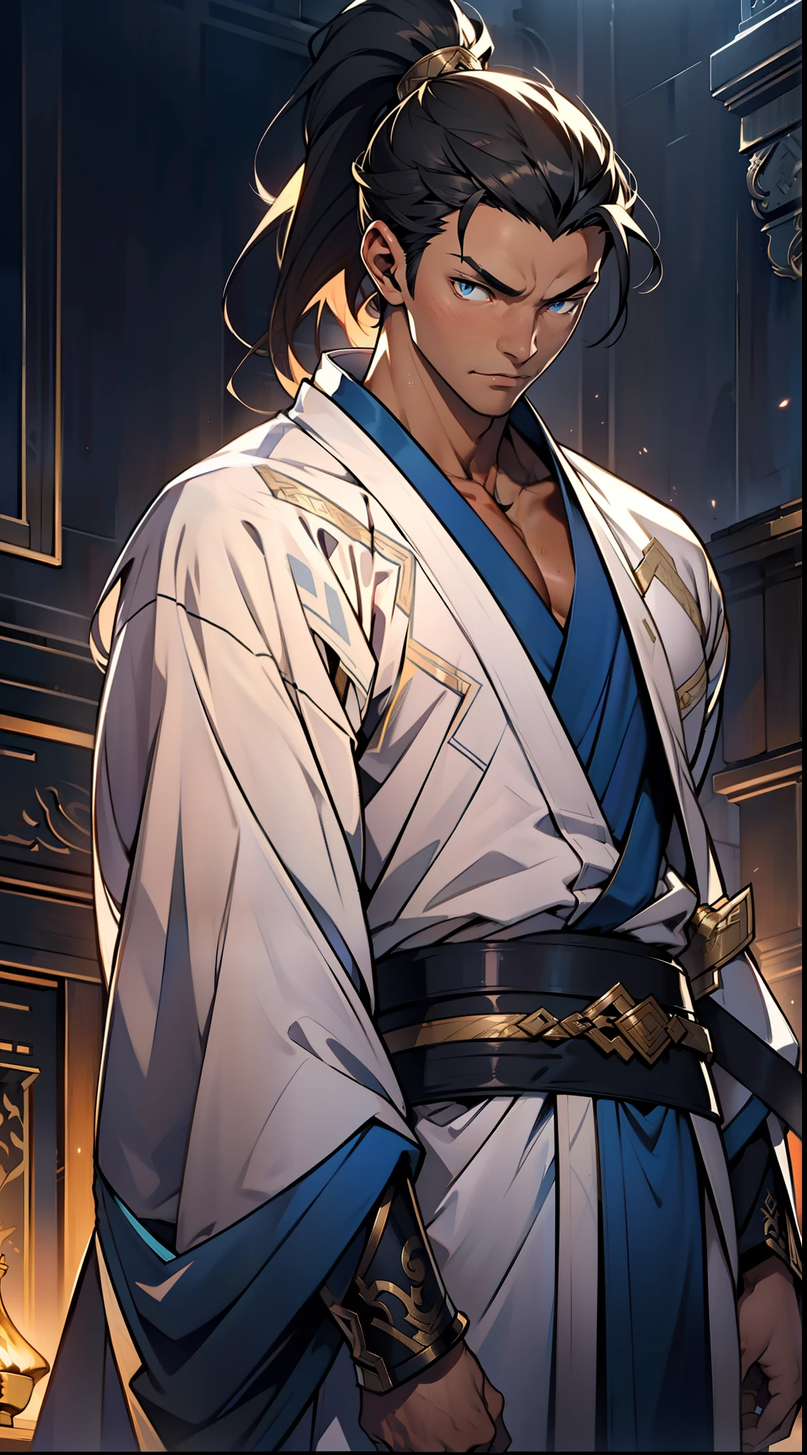 quadratic element,style of anime,mtu(Male Warrior),The proportions are correct,Face details,swordsmen,High ponytail hairstyle,Neck details,There is an Adam's apple,White robe,kaftan,long white robe,clothes details,Handing over,longer sleeves,Game quality,Swordsmanship,Light and shadow tracking,Ray traching,detailed glow,cg render,hair detail,cabelos preto e longos,blue colored eyes,Handsome,Handsome,(juvenile sense),Clothing is complicated,Perfectcomposition,Refinement,high qulity,higher details,Lots of details,The background is complex,a sense of atmosphere,