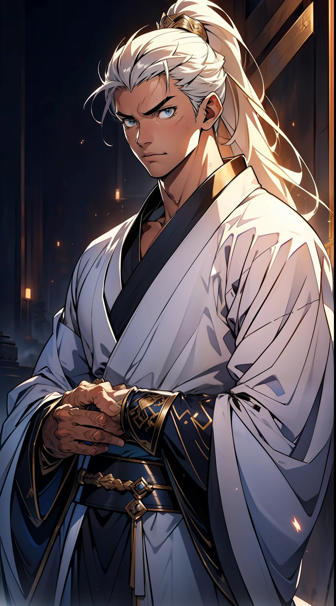 quadratic element,style of anime,mtu(Male Warrior),The proportions are correct,Face details,swordsmen,High ponytail hairstyle,Neck details,There is an Adam's apple,White robe,kaftan,long white robe,clothes details,Handing over,longer sleeves,Game quality,Swordsmanship,Light and shadow tracking,Ray traching,detailed glow,cg render,hair detail,cabelos preto e longos,blue colored eyes,Handsome,Handsome,(juvenile sense),Clothing is complicated,Perfectcomposition,Refinement,high qulity,higher details,Lots of details,The background is complex,a sense of atmosphere,