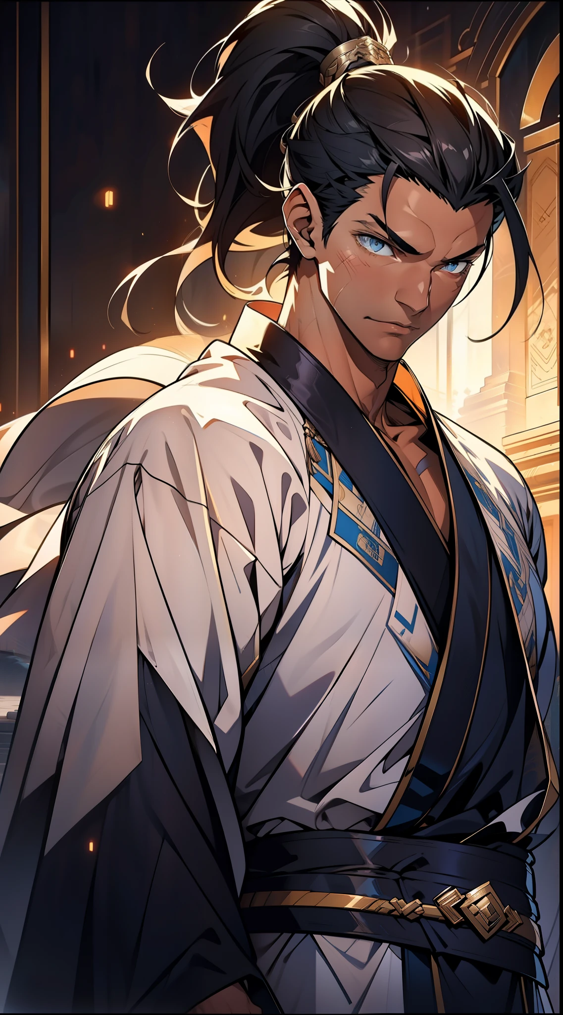 quadratic element,style of anime,mtu(Male Warrior),The proportions are correct,Face details,swordsmen,High ponytail hairstyle,Neck details,There is an Adam's apple,White robe,kaftan,long white robe,clothes details,Handing over,longer sleeves,Game quality,Swordsmanship,Light and shadow tracking,Ray traching,detailed glow,cg render,hair detail,cabelos preto e longos,blue colored eyes,Handsome,Handsome,(juvenile sense),Clothing is complicated,Perfectcomposition,Refinement,high qulity,higher details,Lots of details,The background is complex,a sense of atmosphere,