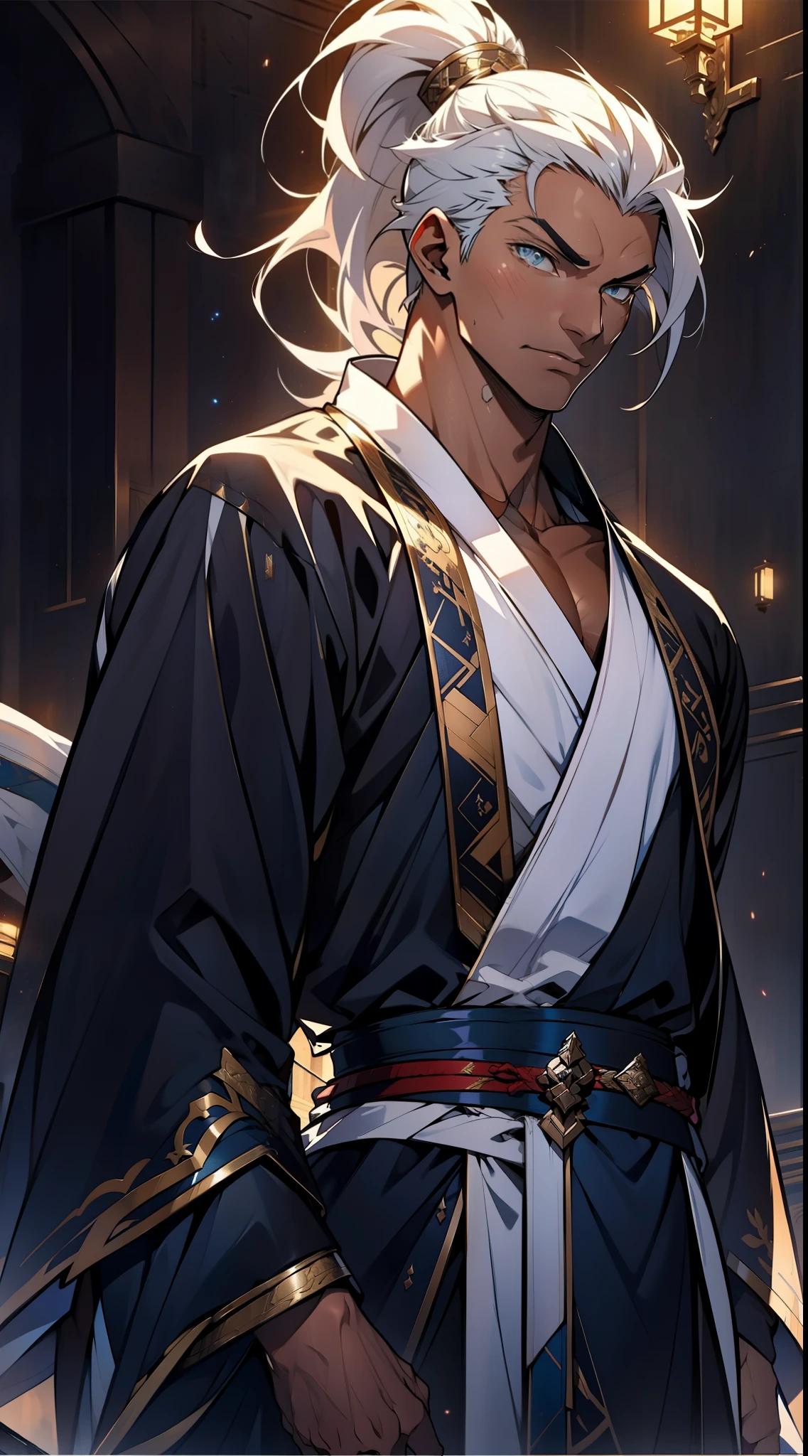 quadratic element，style of anime，mtu（Male Warrior），The proportions are correct，Face details，swordsmen，High ponytail hairstyle，Neck details，There is an Adam's apple，White robe，kaftan，long white robe，clothes details，Handing over，longer sleeves，Game quality，Swordsmanship，Light and shadow tracking，Ray traching，detailed glow，cg render，hair detail，cabelos preto e longos，blue colored eyes，Handsome，Handsome，（juvenile sense），Clothing is complicated，Perfectcomposition，Refinement，high qulity，higher details，Lots of details，The background is complex，a sense of atmosphere，