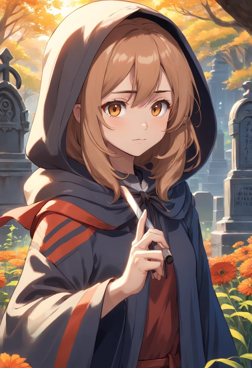 Cute hooded girl,The Grim Reaper emerges from the swirling shadows.Stand in the Cemetery of Forgotten Souls.(Female Grim Reaper Protecting a Girl from Behind:1.3,)Wielding a scythe,(Light brown and light orange striped hair:1.3,),Dark makeup,Perfect face,Beautiful breast slip、Proper body proportion,masutepiece,High-quality output images,超A high resolution,Intricate details,Very delicate and beautiful hair,photographrealistic,Dreamy,Professional Lighting,realistic shadow,Beautiful hands,Beautiful fingers,Detailed finger features,detailed clothes features,Detailed hair features,detailed facial features,Style fighting games,Style RPG
