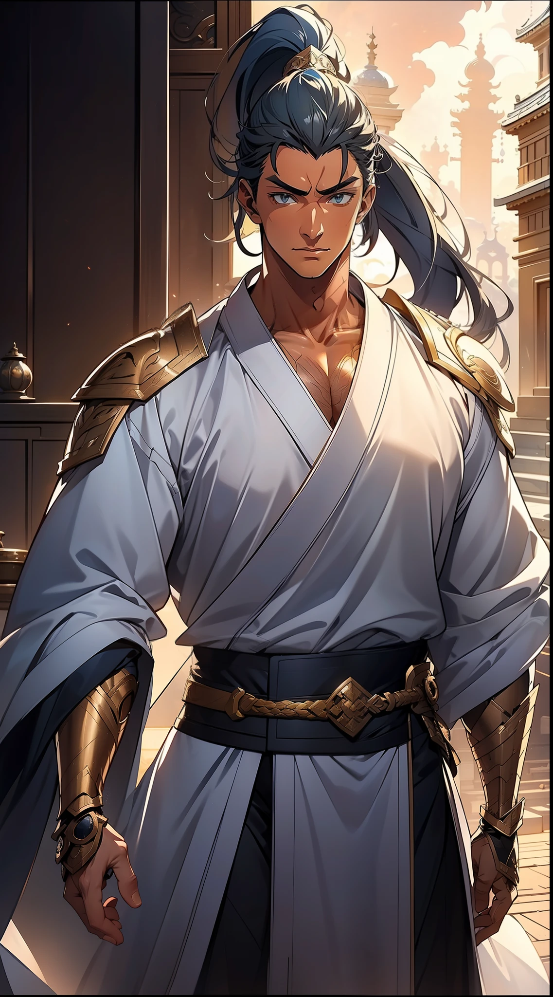 quadratic element,style of anime,mtu(Male Warrior),The proportions are correct,Face details,swordsmen,High ponytail hairstyle,Neck details,There is an Adam's apple,White robe,kaftan,long white robe,clothes details,Handing over,longer sleeves,Game quality,Swordsmanship,Light and shadow tracking,Ray traching,detailed glow,cg render,hair detail,cabelos preto e longos,blue colored eyes,Handsome,Handsome,(juvenile sense),Clothing is complicated,Perfectcomposition,Refinement,high qulity,higher details,Lots of details,The background is complex,a sense of atmosphere,