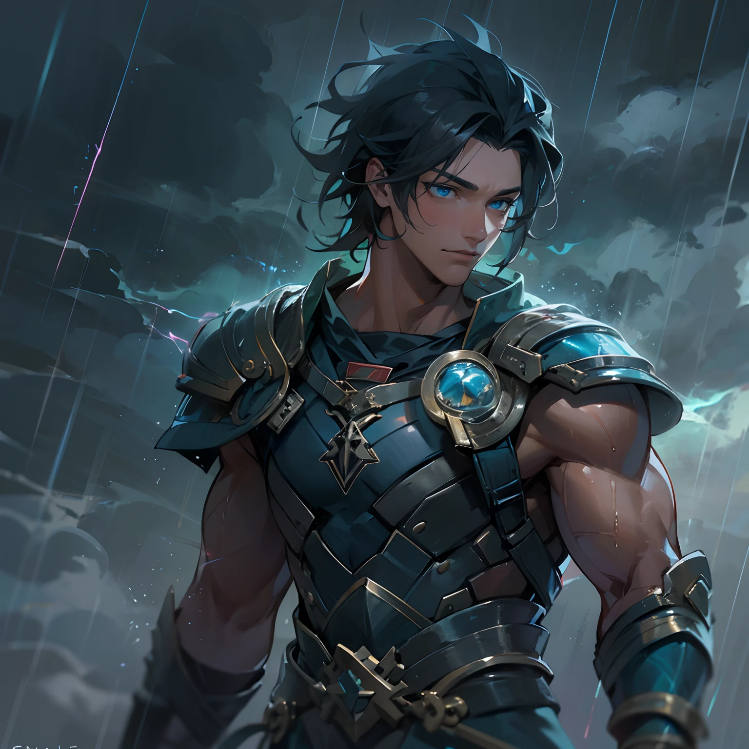 A handsome young man with blue eyes and medium-sized black hair, olhar arrogante, emo, como um corte de cabelo Undercut, corte com cabelo Curto, mas com a lateral do cabelo raspada, com um porte fisico muito forte e musculoso, This young man is a warrior, He wears a battle suit and is in the middle of a storm, no topo de uma montanha, Like a Prince of Thunder, the sky lit by lightning in the storm, electricity by his thunder magic body he is like a thunder god: Como Thor, He is a warrior prince, magical dark sky, nuvens negras no meio de uma tempestade, water, Rain and Thunder An Art for an RPG A Medieval Art for an RPG