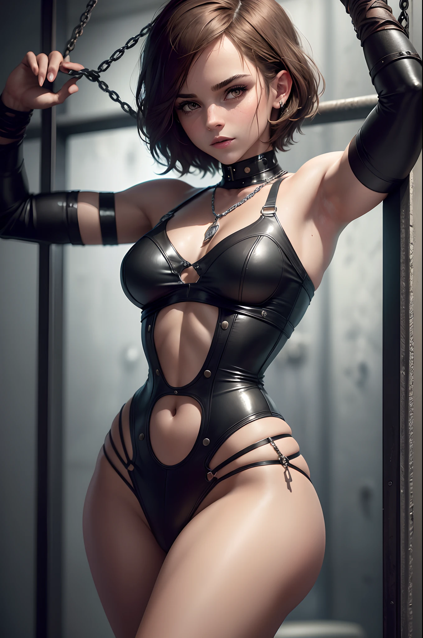 emma watson, Black Corset, Bondage, (in prison cell), Chained Woman, Full Body, ((arm behind back)), Chained Chain, ((Best Quality, 8k, Masterpiece: 1.3)), Sharp Focus: 1.2, Beautiful Woman in Perfect Shape: 1.4, Slender Abs: 1.2, ((Layer Cut, Big: 1.2)), (Rain, Street: 1.2), Wet Body: 1.5, Highly detailed face and skin texture, detailed eyes, very short hair, BDSM, slave, rubber, bdsm