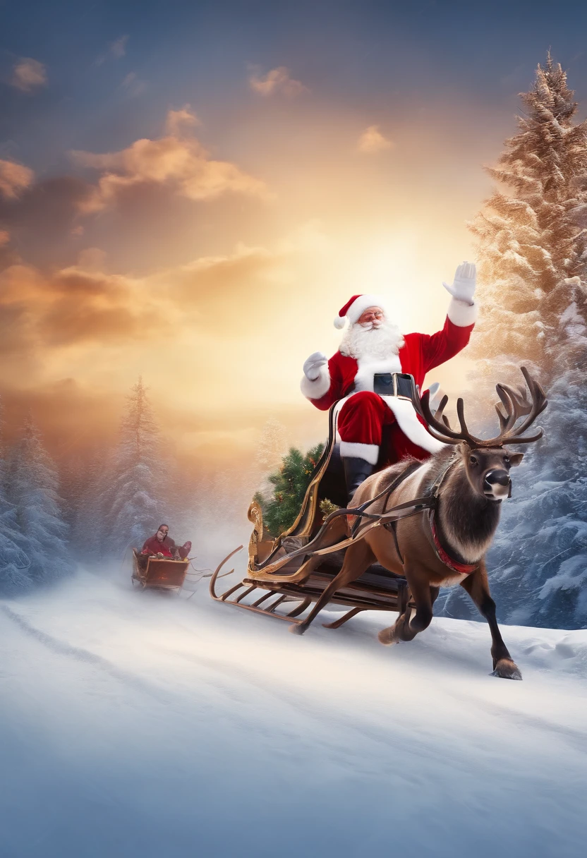 best quality, 4k, highres, ultra-detailed, realistic:1.37, vivid colors, studio lighting, bokeh, Santa Sleigh, flying silhouette Santa Sleight, Santa Claus riding in a sleigh with reindeer, isolated on white background, vector illustration