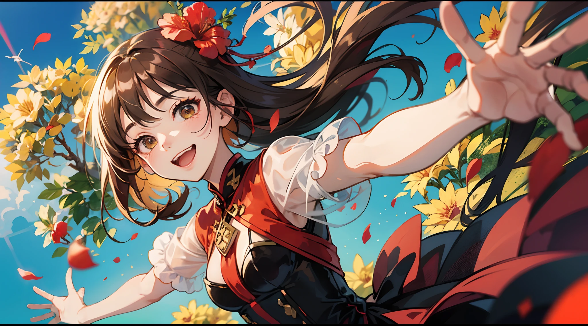 photoRealstic、Stand in front of the photo、laugh face、kawaii pose、spreading arms widely、Flowing Red Silk、bustup、Hibiscus petals、Blurring、brown haired、blue-sky、depth of fields、season!!: 夏☀ 🍂 ハイビスカス