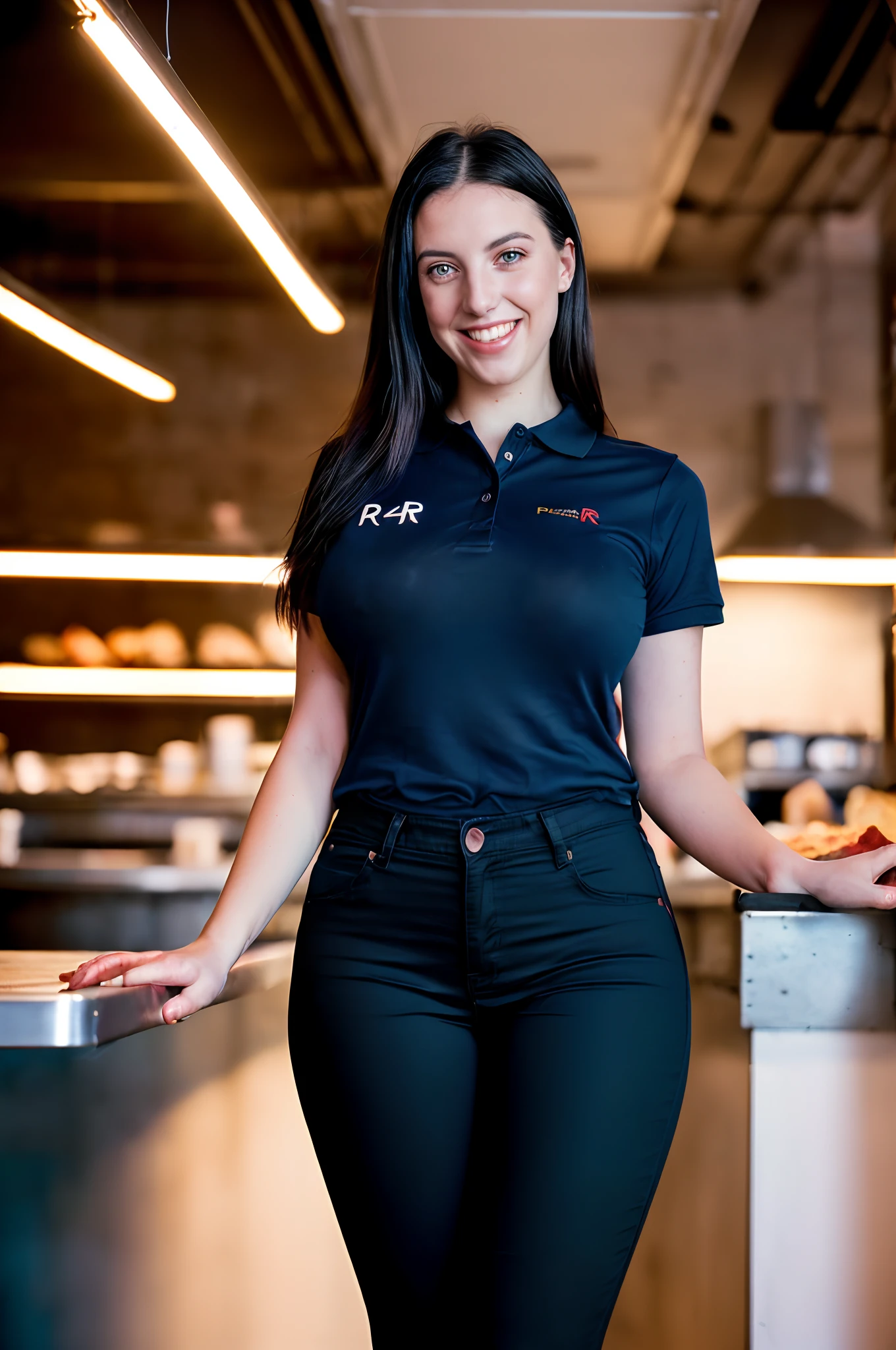 01 beautiful American woman (28 years old) wearing pizzeria uniform (navy polo shirt female, black pants, cap) (domino's uniform) (work) - best eyes, long silky black hair (intense black hair with shine, best mouth (friendly smile), best skin (perfect, smooth skin) ((no stretch marks)) ((big breasts)), ((Best anatomy)) ((intricate details)) - In a pizzeria (working) (dynamic photo) - (artificial light) ((neon lighting)) (soft shadows, worked shadows) (HDR) - ((Neutral colors)) - photorealism ((photorealistic: 1. 4)) - ((analog photo)) ((Canon EOS R6)) ((Fujifilm Fujicolor 200)) ((divine proportion))- autofocus, wide shot, full body ((no nudity))
