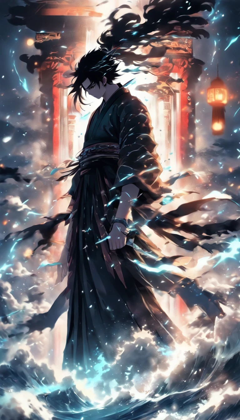 ((Masterpiece)),(Best quality)),Faraway view,There were twenty swords suspended in the air,Sword Rain,A young Taoist priest,Infinite Sword System,Glow effects,Hyper-realistic,Ultra photo realsisim,Chinese black and white ink style,Black and white,Decolorization,Smudge,ink,8K,super-fine,high qulity,OC renderer