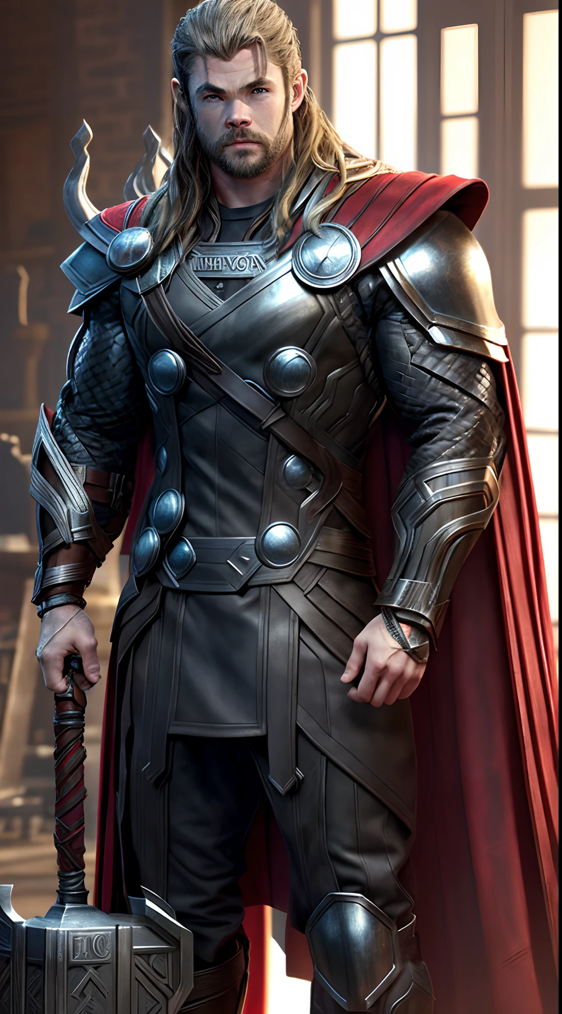 (photorealistic), (dramatic), (fantasy render), concept art, (full torso), (3/4 view:1.17), (Thor steampunk style), (((Thor Odinson|Chris Hemsworth))), brass:1.3, metals, gears, intricate, weathered, (red cape:1.33), realistic, volumetric lighting, simple background, masterpiece, centered