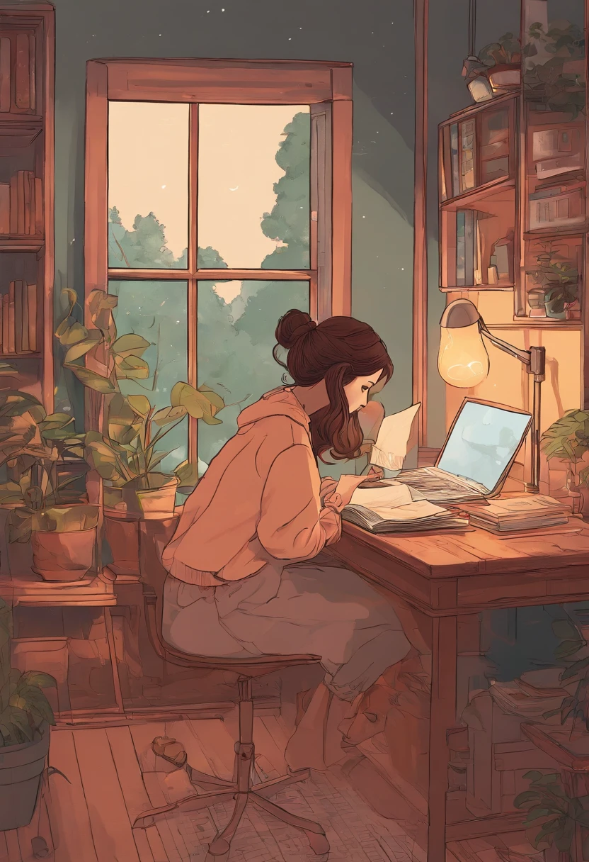 (Lofi), A girl studying on the table in her room, reading a book, wearing glass, wearing a head phone, 1970 indoor materials, night light, raining outside,analog color theme, Lo-fi hip hop , retro, flat, 2D , simple drawing, simplify line art, ink drawing, big ink line, watercolor, goauche color, studio Ghibli style, awesome colorful, outurn, synthwave, lofi art,90s style,old texture, amplitude,90s atmosphere,
