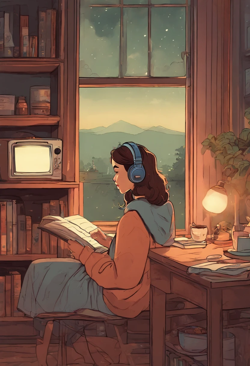 (Lofi), A girl studying on the table in her room, reading a book, wearing glass, wearing a head phone, 1970 indoor materials, night light, raining outside,analog color theme, Lo-fi hip hop , retro, flat, 2D , simple drawing, simplify line art, ink drawing, big ink line, watercolor, goauche color, studio Ghibli style, awesome colorful, outurn, synthwave, lofi art,90s style,old texture, amplitude,90s atmosphere,