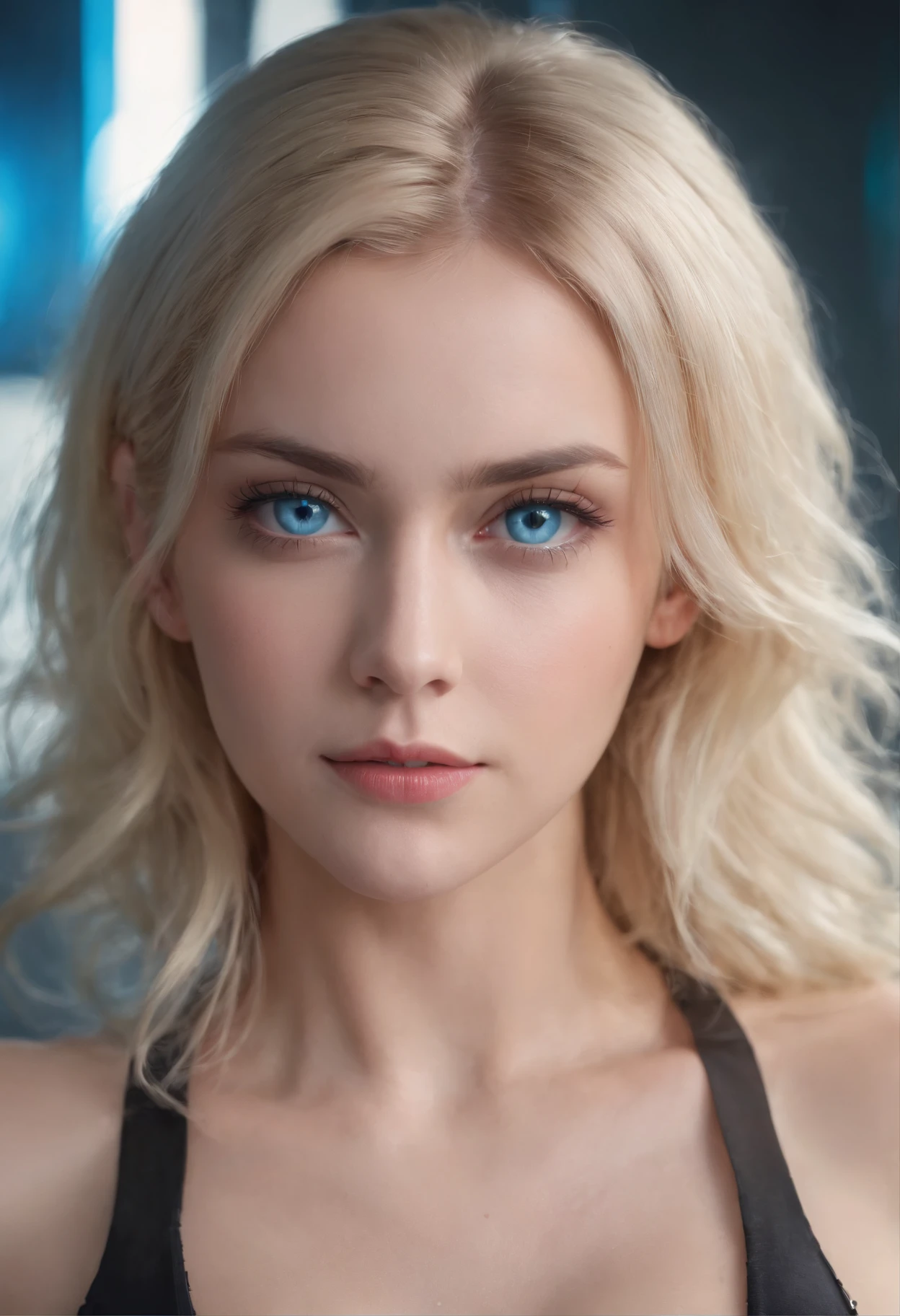 woman, Realistic character，coiffed blonde hair, Blue eyes, anime big breast, Alone, modern, Cyberpunk
