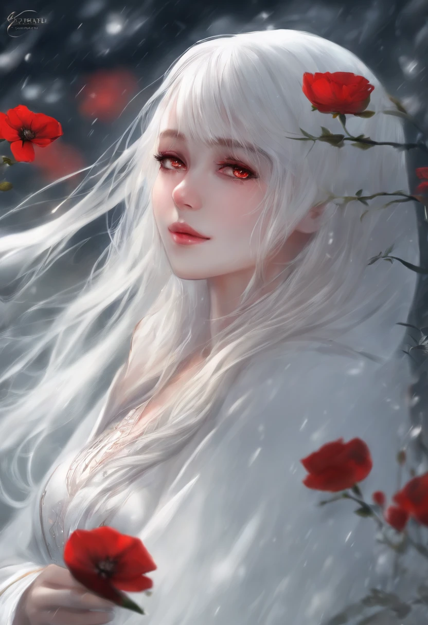 1girl,solo,1girl,solo,((beautiful detailed eyes)), (detailed light),depth of field,(white hair),silver eyes,hair over one eye,(red flower ), hair flower,long hair,black cloak,wet,emotionless,looking back,night,starfall,raining,fog,red flowers falling,sketch,upper body,intense shadows,