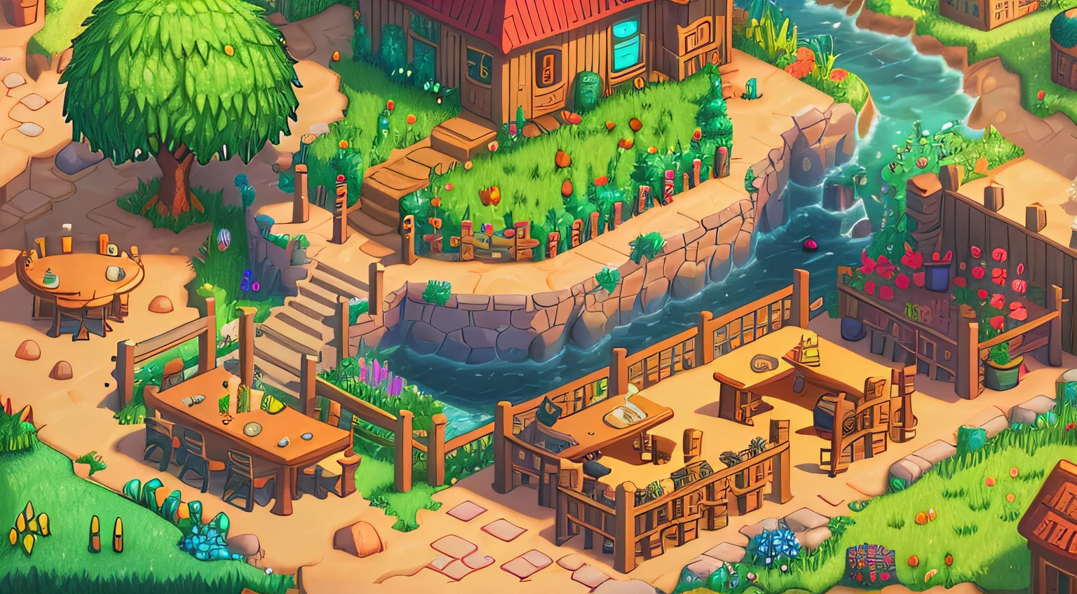 Stardew Valley style, brilliant colors, axonometry, restaurant room