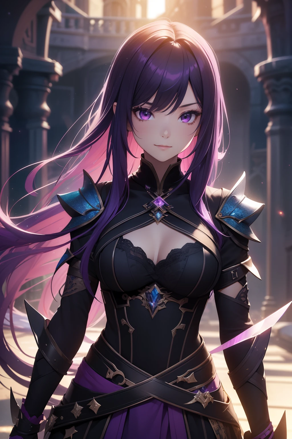 (masterpiece、top-quality、top-quality、Official art、lightly detailed、Beautifully Aesthetic:1.2)、(1girl in)、(Fractal Art:1.3)、very long hairstyle、purple hair color colorful、large black crystal eyes, close up SHOT, face shot, looking to the viewers, smiling face, meaningful expression, wearing casual attire、anime, gorgeous colorful light detail、Intuitive、sharp、Precise focus、insta photo、photo of the year、cinema4d、Dramatic、(3D), back light, sparkles, colorful light, weapons daggers on waist, ninja clothes, rugged attire, assassin, ninja,myterious aura , sunset, high place