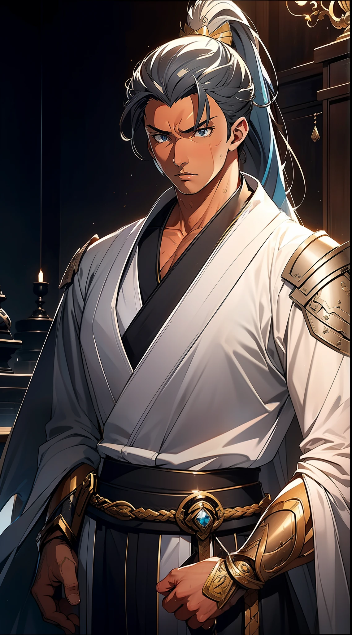 quadratic element,style of anime,mtu(Male Warrior),The proportions are correct,Face details,swordsmen,High ponytail hairstyle,Neck details,There is an Adam's apple,White robe,kaftan,long white robe,clothes details,Handing over,longer sleeves,Game quality,Swordsmanship,Light and shadow tracking,Ray traching,detailed glow,cg render,hair detail,cabelos preto e longos,blue colored eyes,Handsome,Handsome,(juvenile sense),Clothing is complicated,Perfectcomposition,Refinement,high qulity,higher details,Lots of details,The background is complex,a sense of atmosphere,