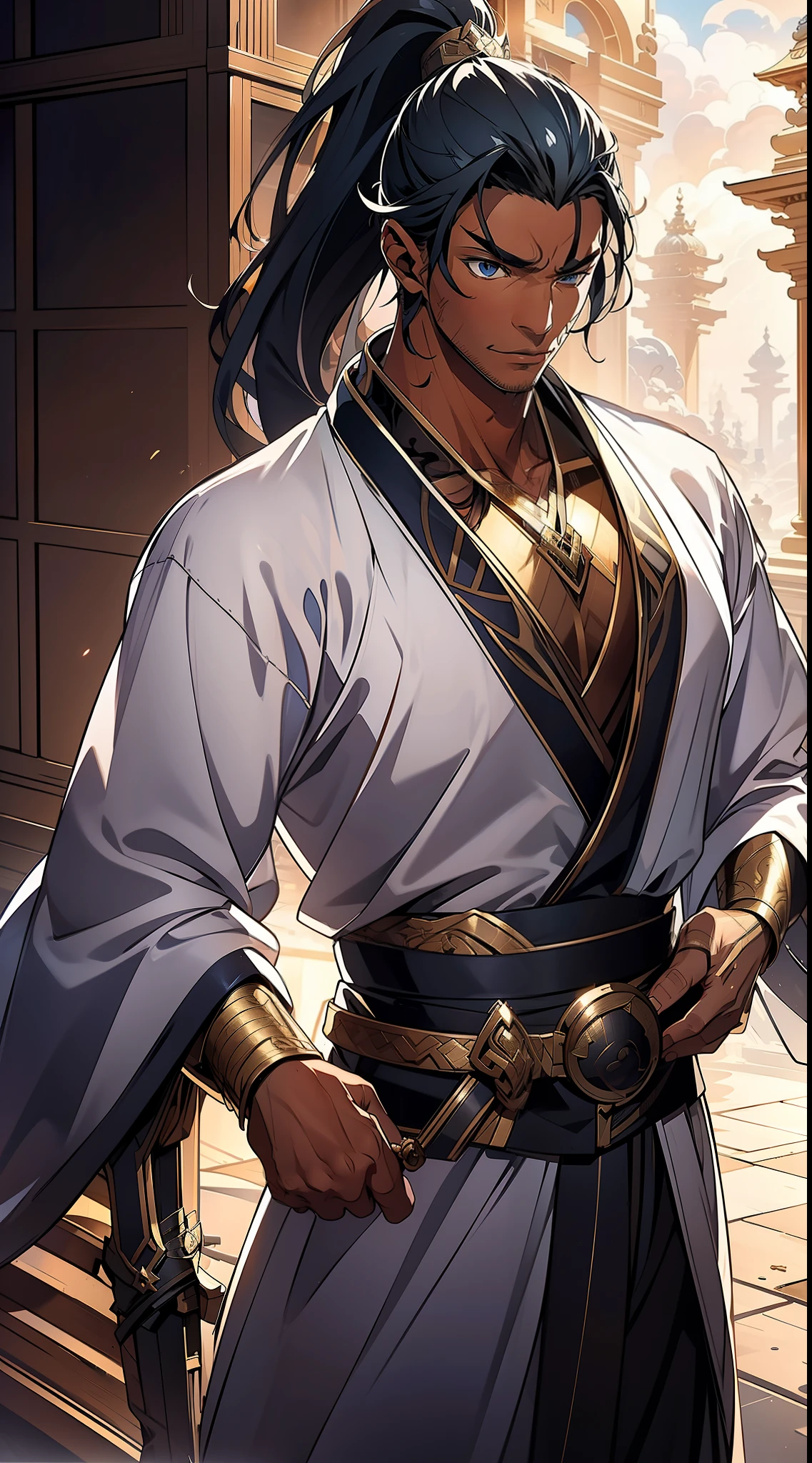 quadratic element,style of anime,mtu(Male Warrior),The proportions are correct,Face details,swordsmen,High ponytail hairstyle,Neck details,There is an Adam's apple,White robe,kaftan,long white robe,clothes details,Handing over,longer sleeves,Game quality,Swordsmanship,Light and shadow tracking,Ray traching,detailed glow,cg render,hair detail,cabelos preto e longos,blue colored eyes,Handsome,Handsome,(juvenile sense),Clothing is complicated,Perfectcomposition,Refinement,high qulity,higher details,Lots of details,The background is complex,a sense of atmosphere,