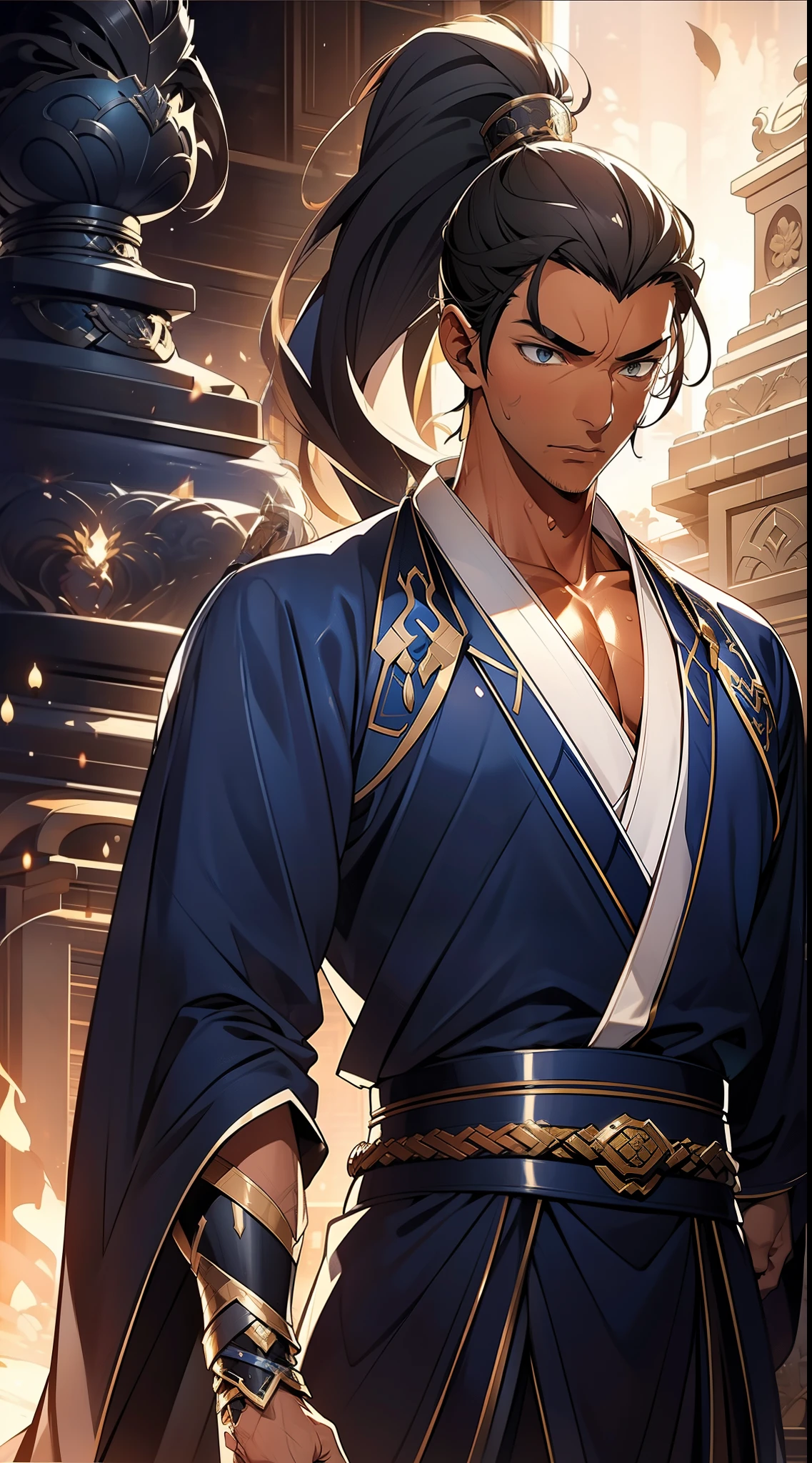 quadratic element,style of anime,mtu(Male Warrior),The proportions are correct,Face details,swordsmen,High ponytail hairstyle,Neck details,There is an Adam's apple,White robe,kaftan,long white robe,clothes details,Handing over,longer sleeves,Game quality,Swordsmanship,Light and shadow tracking,Ray traching,detailed glow,cg render,hair detail,cabelos preto e longos,blue colored eyes,Handsome,Handsome,(juvenile sense),Clothing is complicated,Perfectcomposition,Refinement,high qulity,higher details,Lots of details,The background is complex,a sense of atmosphere,