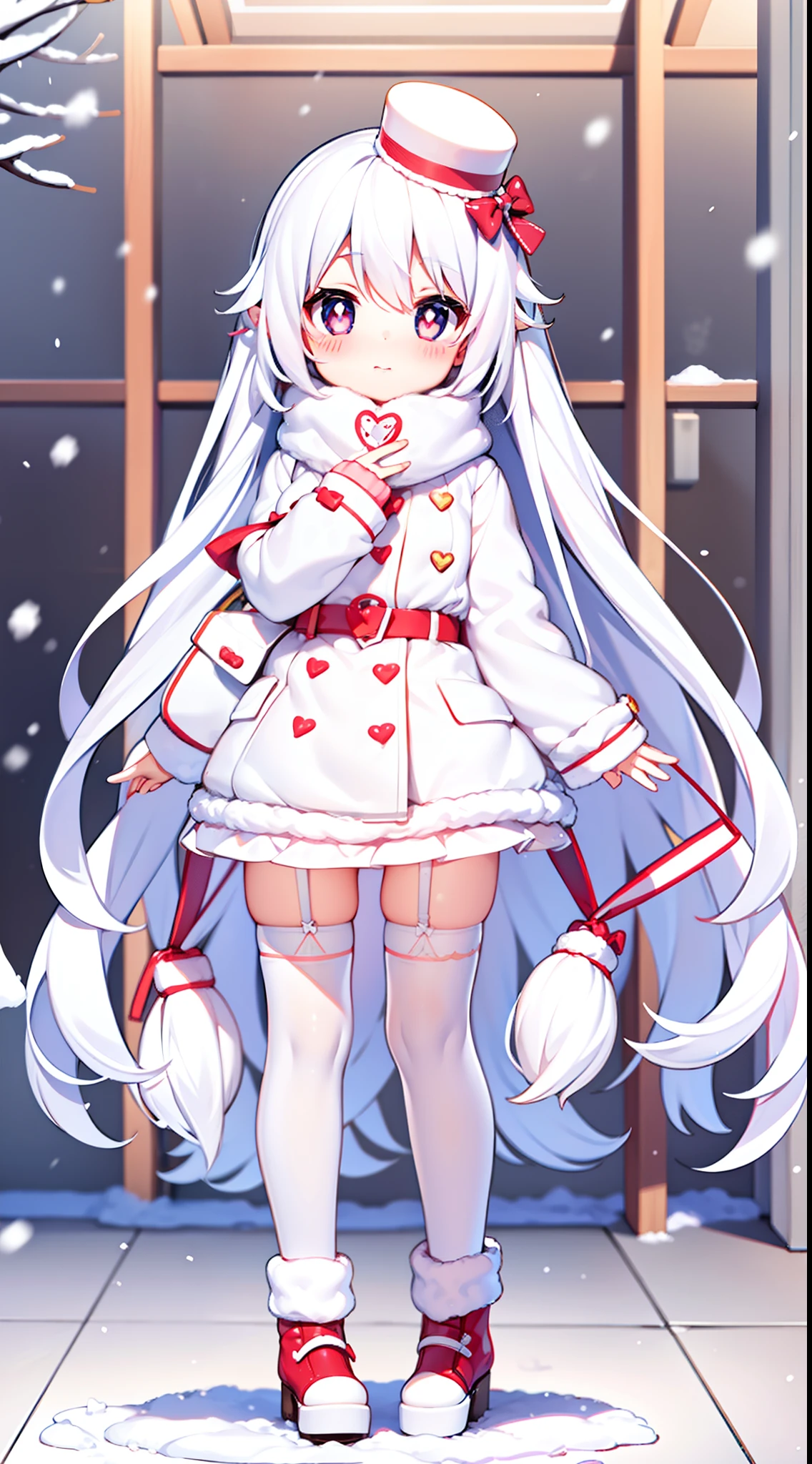 Lori, long hair, cute, white stockings, heart-shaped pupils, solo, white hair, indoor, blush, winter, snow, outdoors
