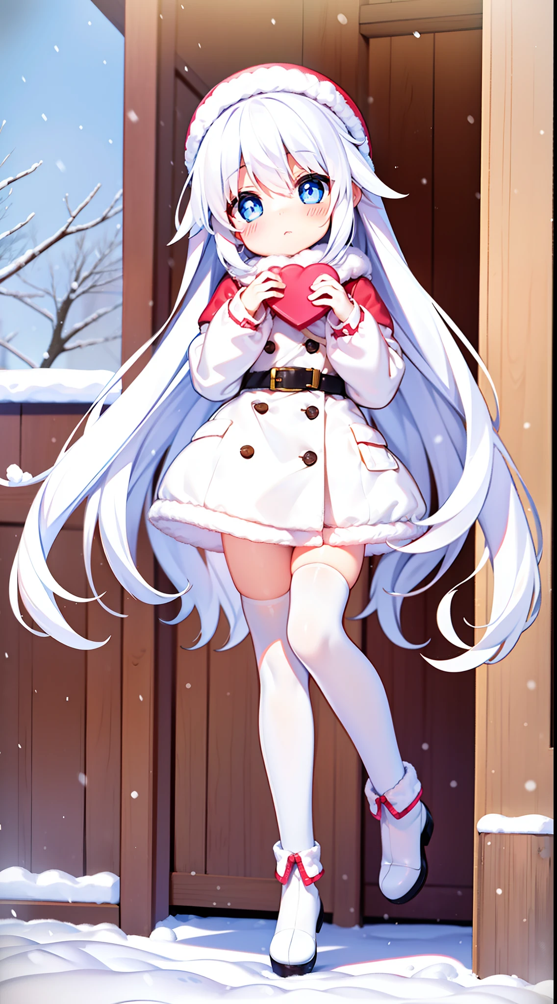 Lori, long hair, cute, white stockings, heart-shaped pupils, solo, white hair, indoor, blush, winter, snow, outdoors
