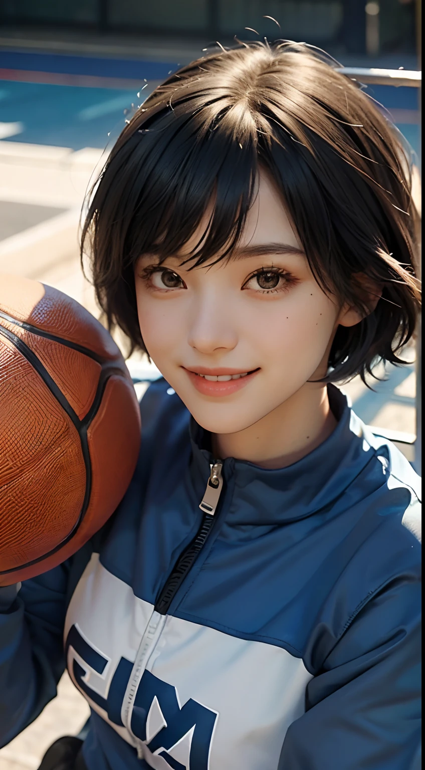 a pregirl，Medium and short hair，Wearing blue tracksuits，Black basketball shoes，Holding a basketball in his hand，Cheerful smile，the Sun Shining，Every detail of the face and costume is presented in extreme close-ups，The level of detail is extraordinary，