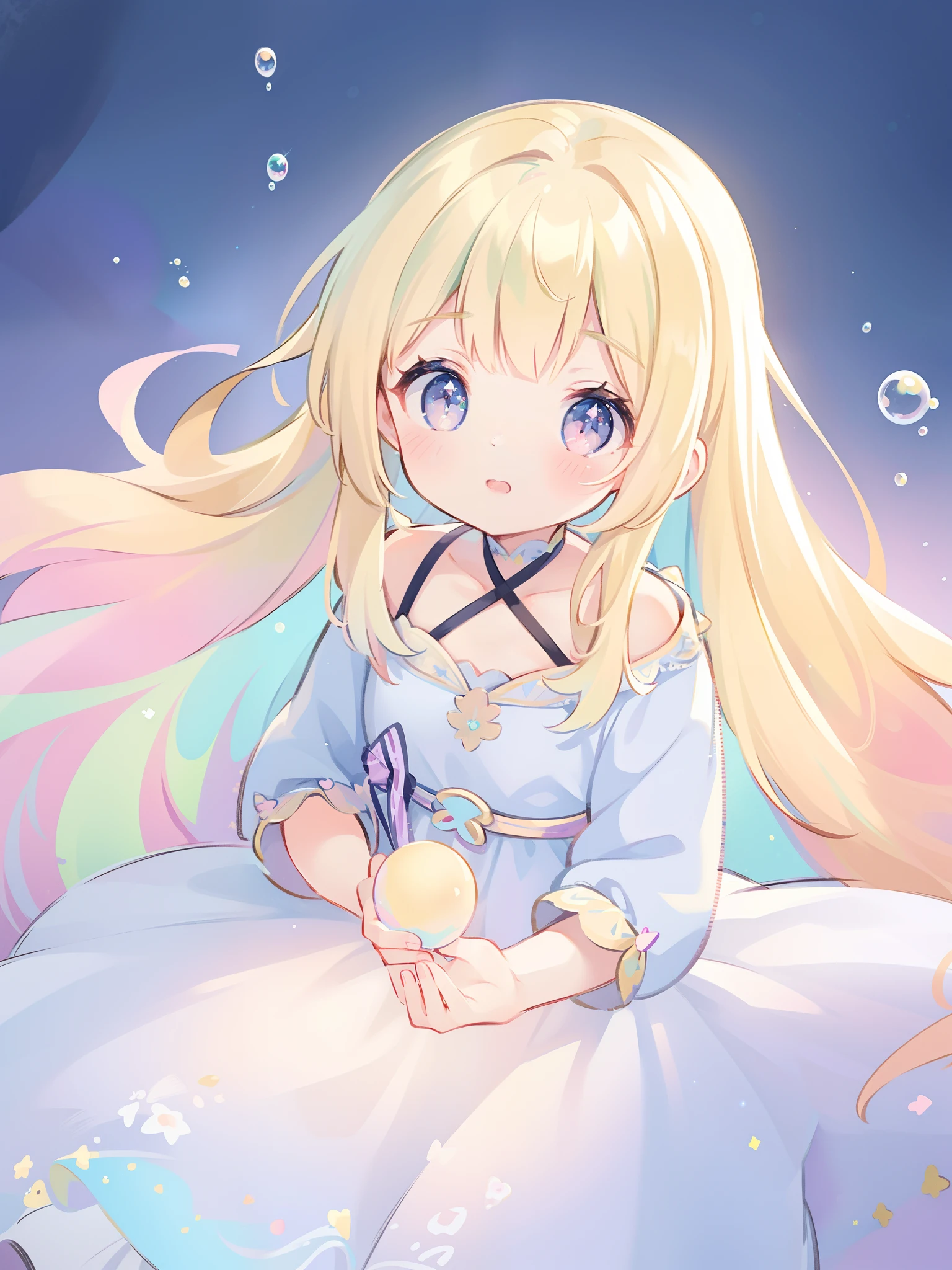 masterpiece, best quality, 8k resolution, sharp focus, intricate detail, beautiful girl, sparkling eyes, golden ratio face, otherworldly liquid, watercolor, ((pastel colors)), bright colors, whimsical, colorful, sharp focus, high resolution, fine detail, princess fantasy ballgown, ((round eyes)), iridescent bubbles, fantasy background