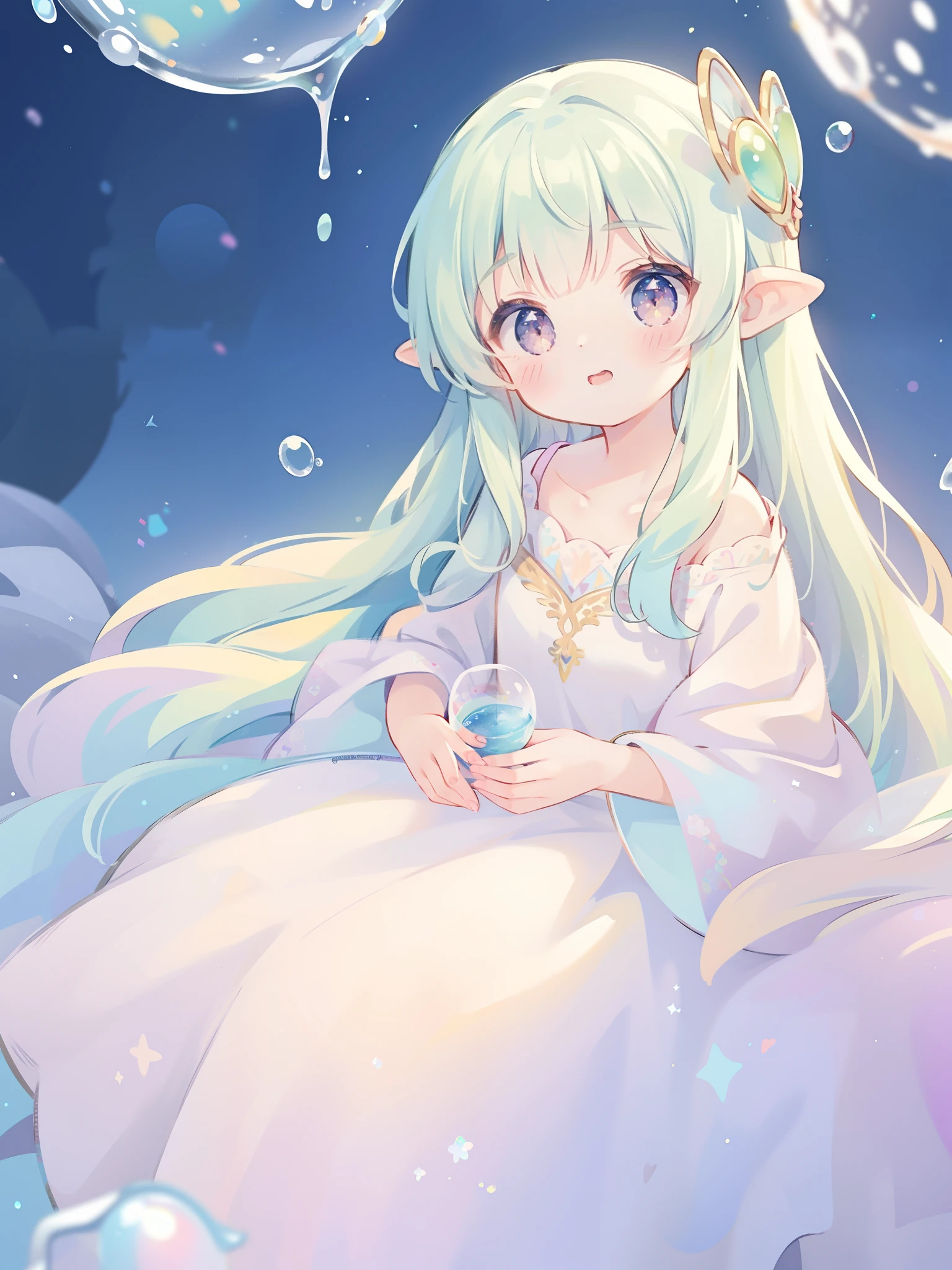 masterpiece, best quality, 8k resolution, sharp focus, intricate detail, beautiful girl, sparkling eyes, golden ratio face, otherworldly liquid, watercolor, ((pastel colors)), bright colors, whimsical, colorful, sharp focus, high resolution, fine detail, princess fantasy ballgown, ((round eyes)), iridescent bubbles, fantasia background