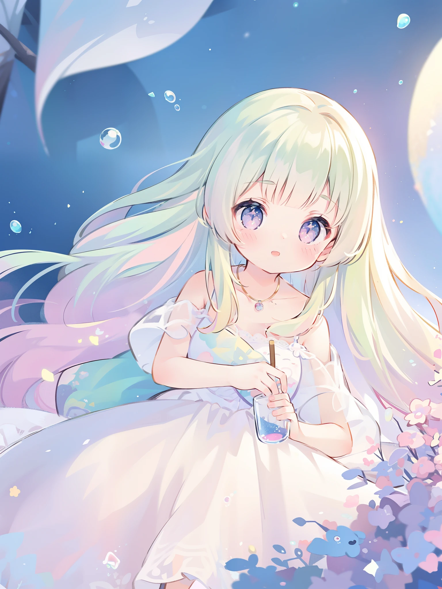 masterpiece, best quality, 8k resolution, sharp focus, intricate detail, beautiful girl, sparkling eyes, golden ratio face, otherworldly liquid, watercolor, ((pastel colors)), bright colors, whimsical, colorful, sharp focus, high resolution, fine detail, princess fantasy ballgown, ((round eyes)), iridescent bubbles, fantasia background