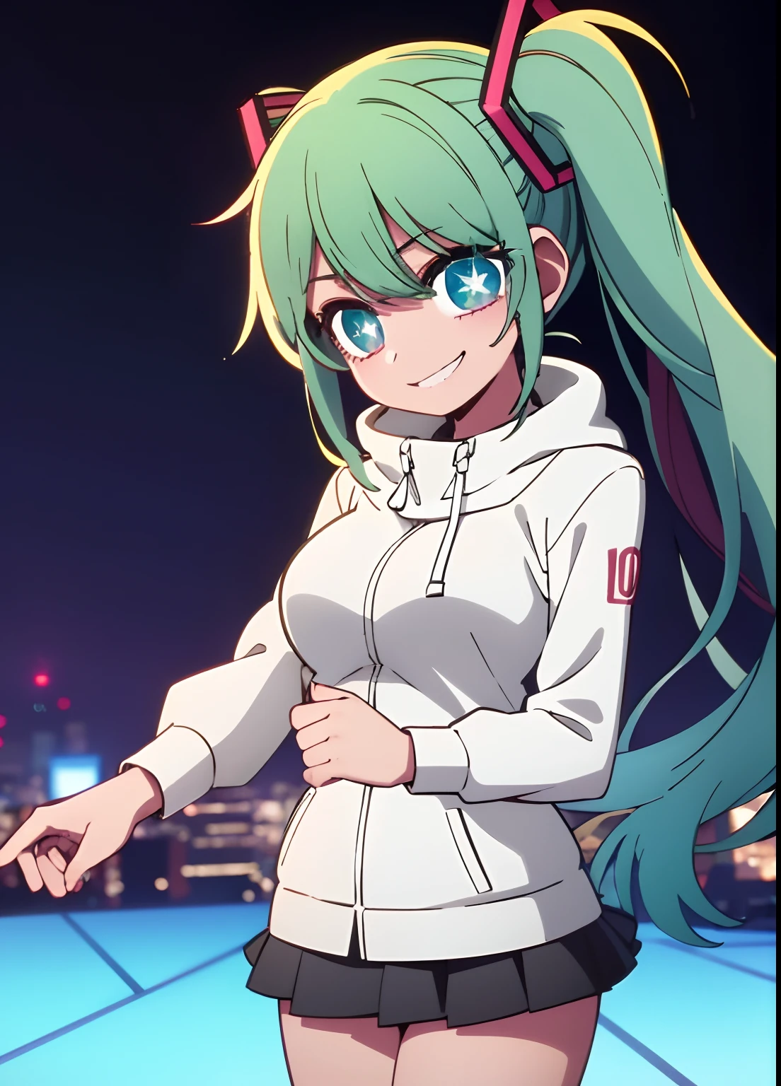 1girl,smile,cowboy shot, Wear a jacket,Big breasts Hatsune Miku,city neon light,looking at the stars