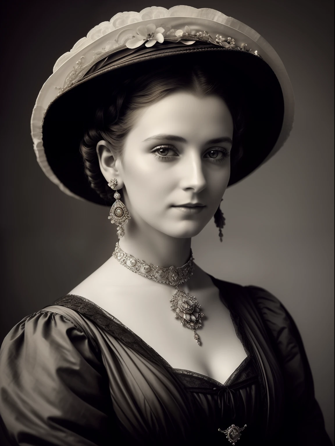 (Masterpiece) An insanely beautiful Victorian lady wearing a rich flowering over the top exaggerated hat, rich jewelry, big earrings, vintage sepia photography, outdoor photography, extremely inviting look, front look, looking at the camera, very old and torned photo
