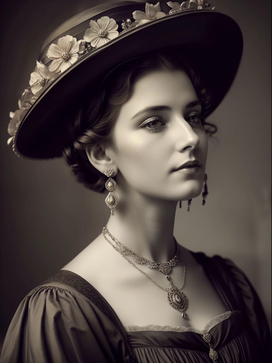 (Masterpiece) An insanely beautiful Victorian lady wearing a rich flowering over the top exaggerated hat, rich jewelry, big earrings, vintage sepia photography, outdoor photography, extremely inviting look, front look,  looking at the camera, very old and torned photo