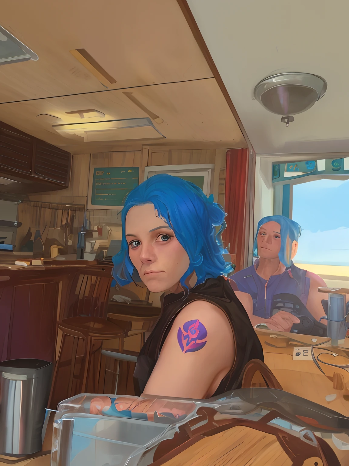 there is one woman sitting at a table in a kitchen, photo portrait, looking to the side off camera, blue hair, tatoos,taken in the early 2020s, glaring at the camera, by Pamela Ascherson, production still, looking away from viewer, 1 / 4 portrait, looking directly at the viewer, on kitchen table, by Dan Frazier