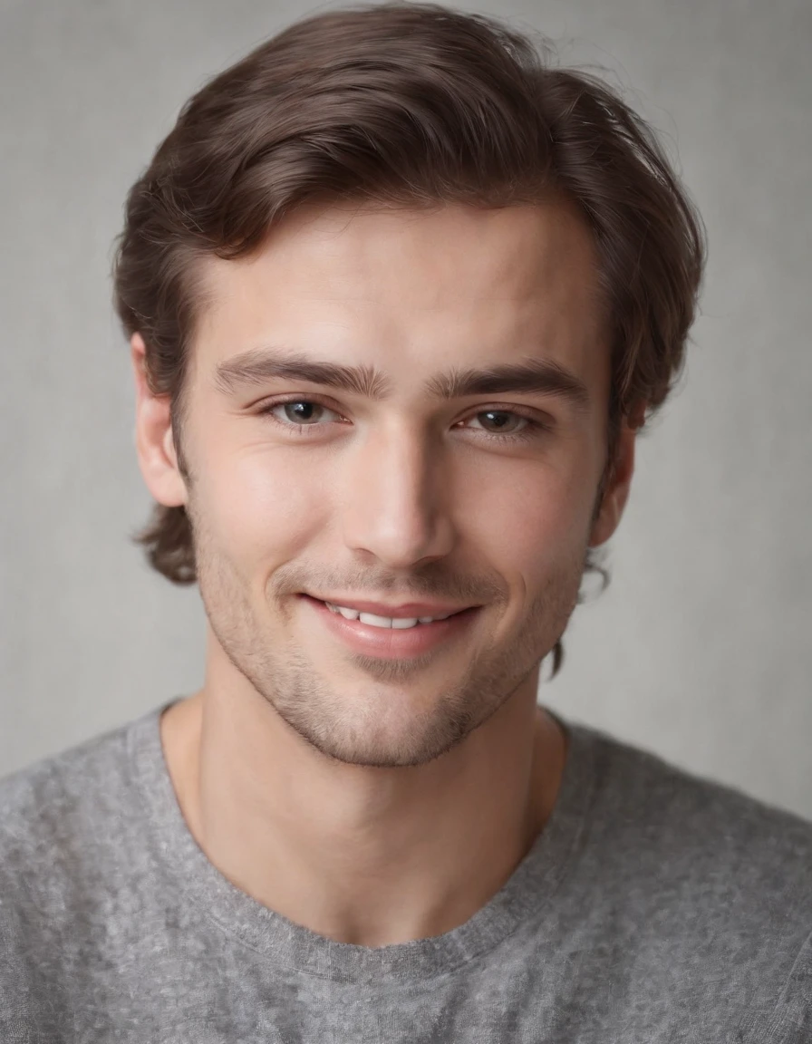 (Photo: 1.3) af (photorealism: 1.3), Caucasian man soft light, face in focus, happy, cheerful, smiling, warm light, ((off-white background)), ((off-white background)). ((gray wall background)) avatar, (long hair or short hair), smile, handsome, young,, short hair, smile