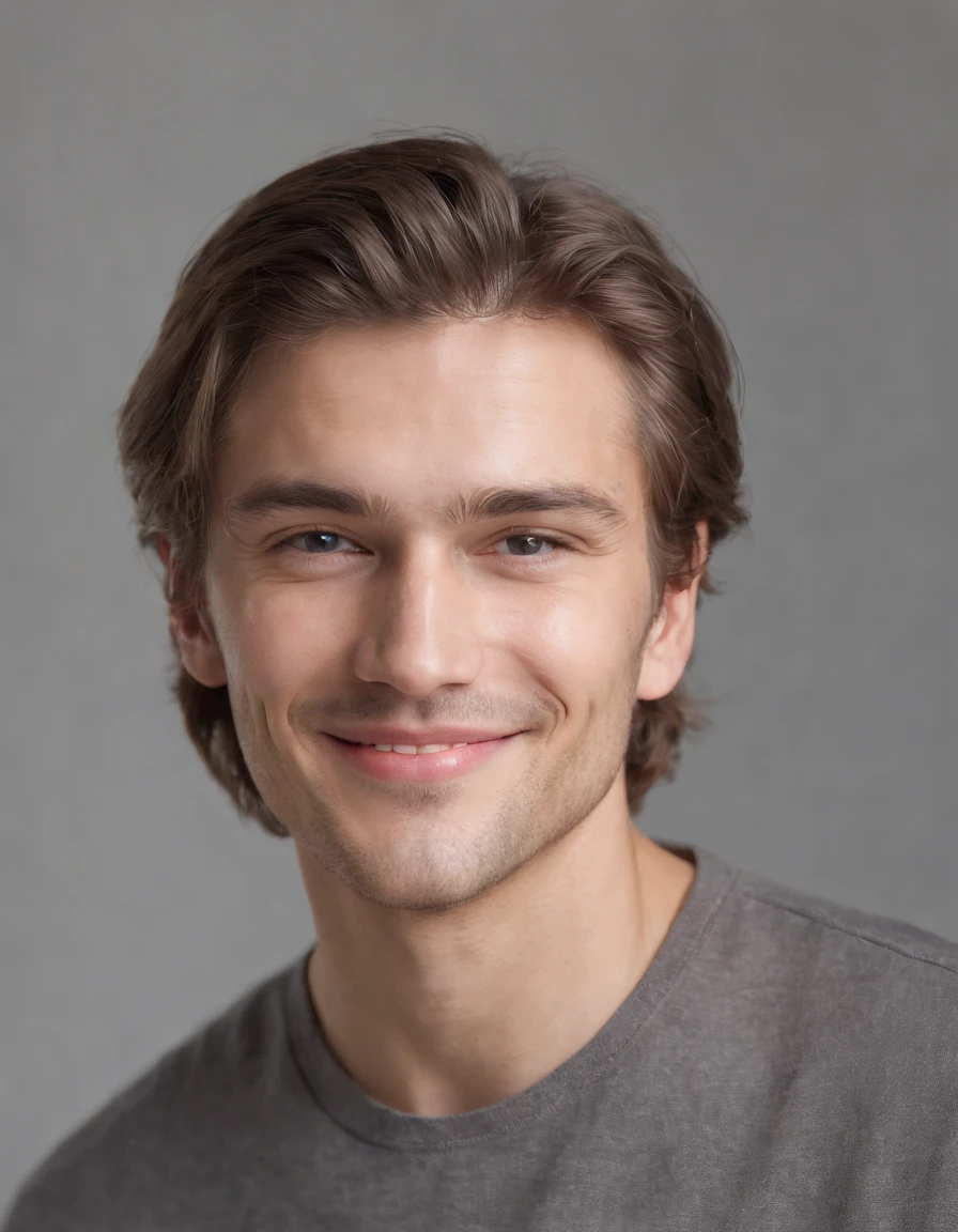 (Photo: 1.3) af (photorealism: 1.3), Caucasian man soft light, face in focus, happy, cheerful, smiling, warm light, ((off-white background)), ((off-white background)). ((gray wall background)) avatar, (long hair or short hair), smile, handsome, young,, short hair, smile