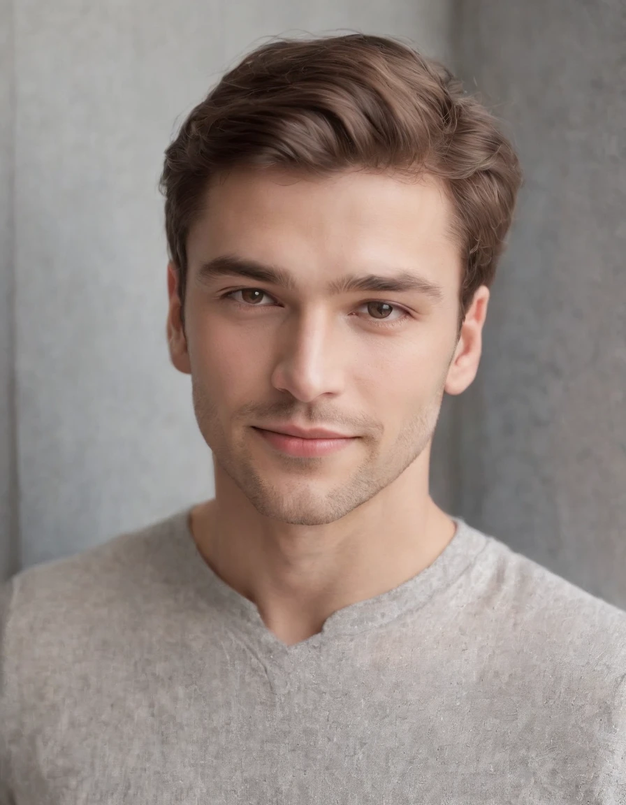 (Photo: 1.3) af (photorealism: 1.3), Caucasian man soft light, face in focus, happy, cheerful, smiling, warm light, ((off-white background)), ((off-white background)). ((gray wall background)) avatar, (long hair or short hair), smile, handsome, young,, short hair, smile